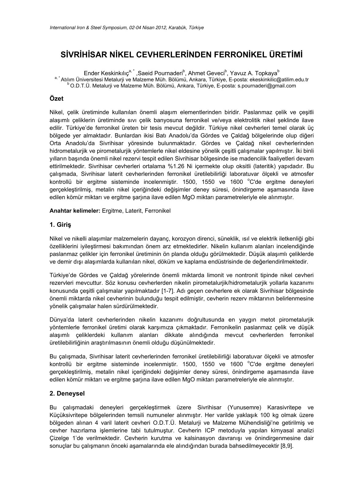 First page of Si vri hi sar Ni kel Cevherleri nden Fer