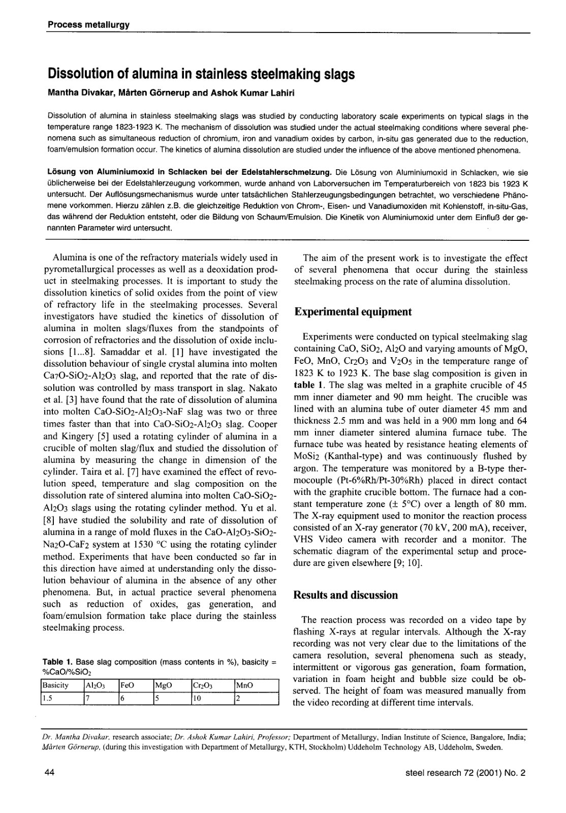 First page of Dissolution of alumina in stainless stee