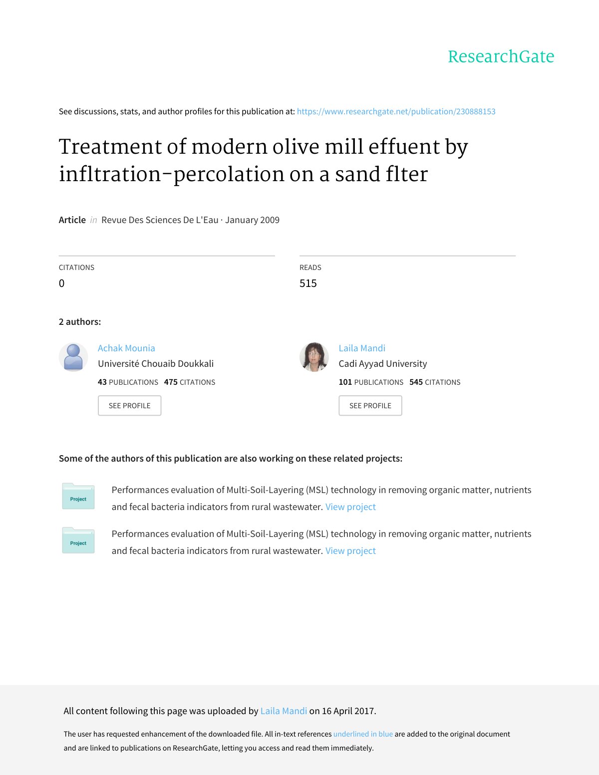 First page of Treatment of modern olive mill effluent by infltration-percolation on a sand flter