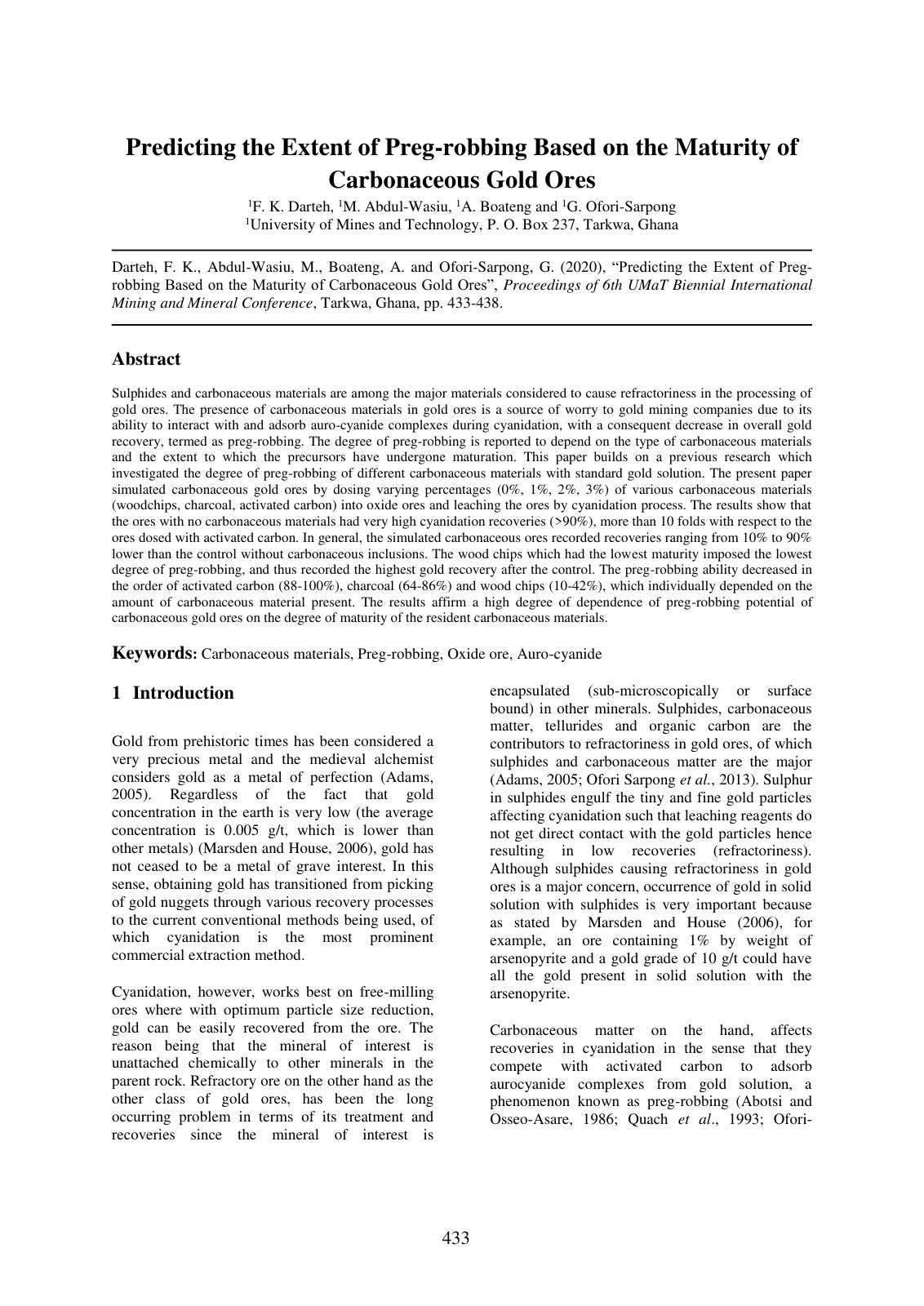 First page of Predicting the Extent of Preg robbing Ba