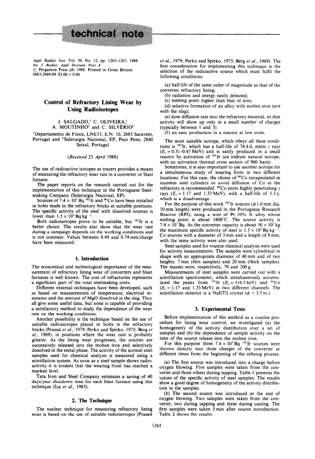 First page of Conttol of Refractory Lining Wear by Using Radioisotopes