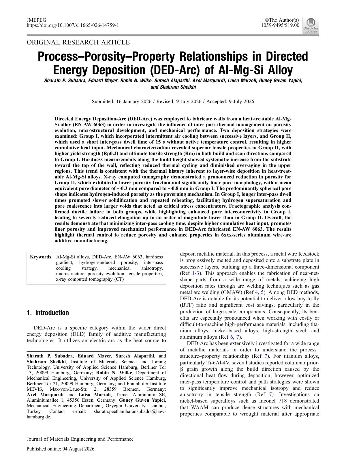First page of Process–Porosity–Property Relationships in Directed Energy Deposition (DED-Arc) of Al-Mg-Si Alloy