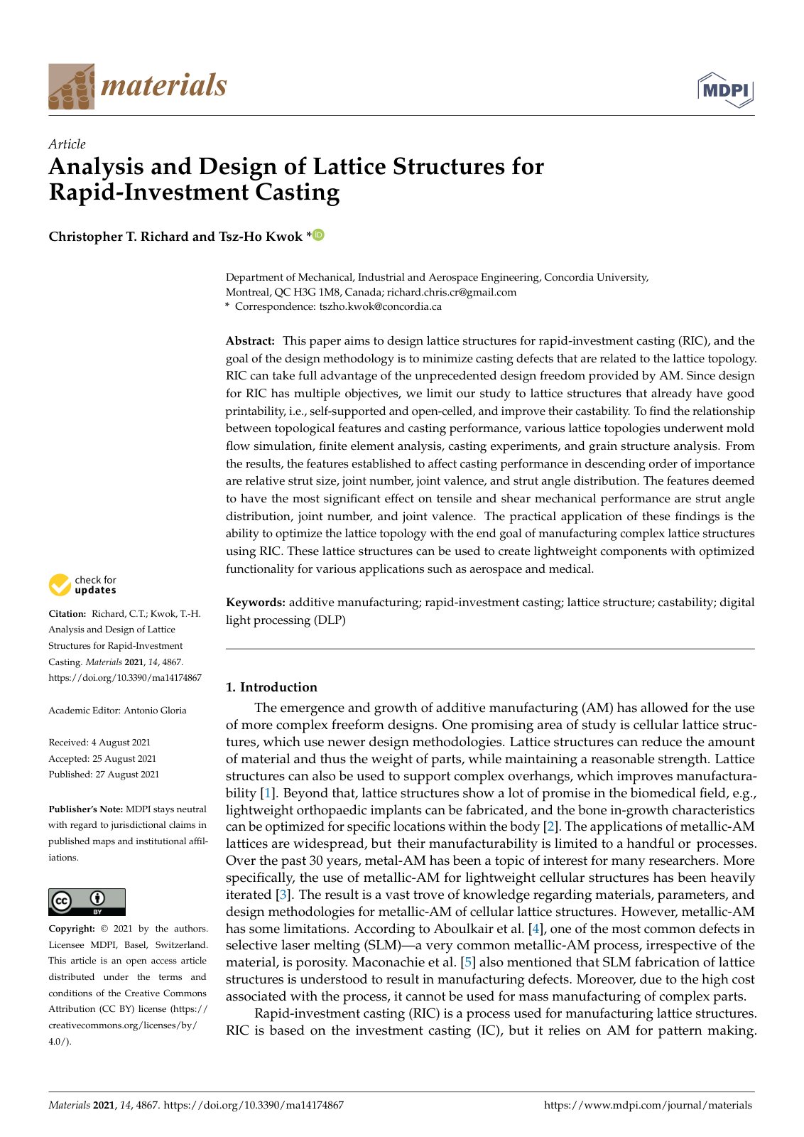 First page of Analysis and Design of Lattice Structures for Rapid-Investment Casting