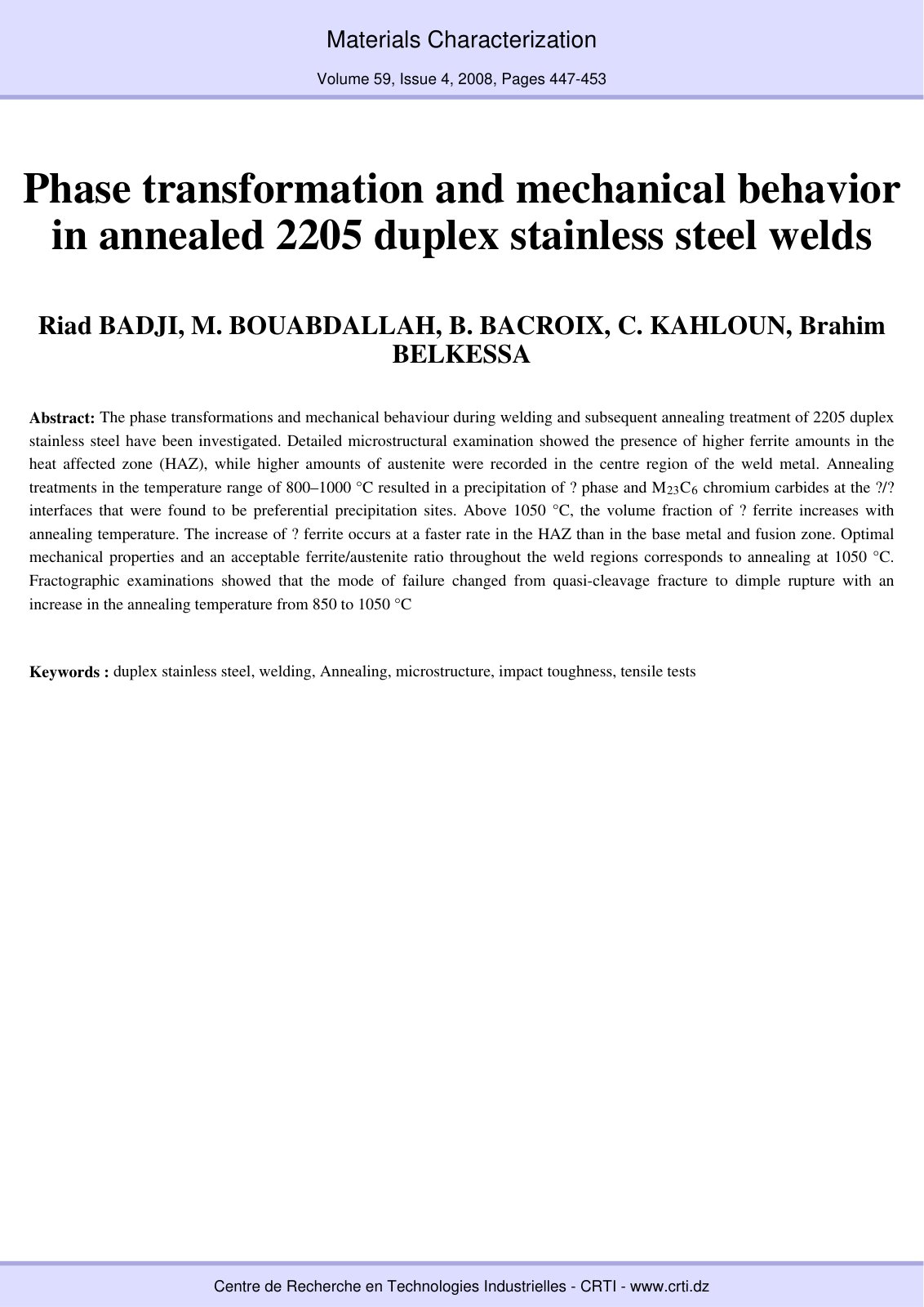 First page of Phase transformation and mechanical behavior in annealed 2205 duplex stainless steel welds