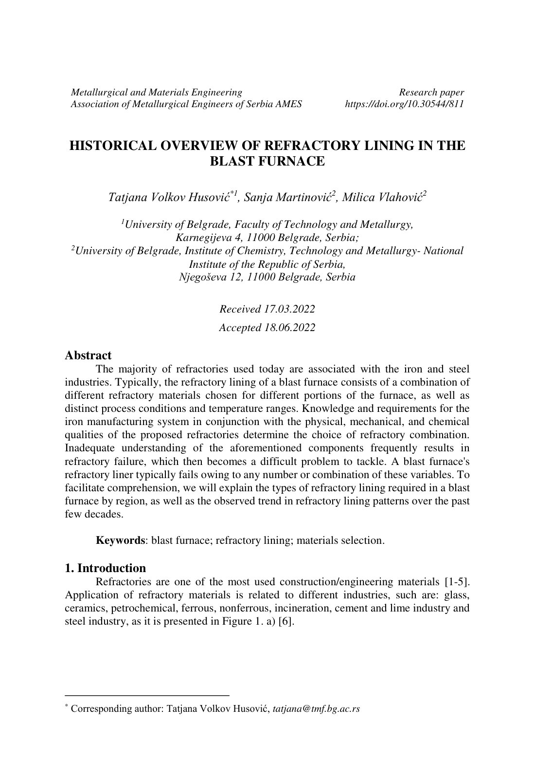 First page of HISTORICAL OVERVIEW OF REFRACTORY LINING IN THE BLAST FURNACE