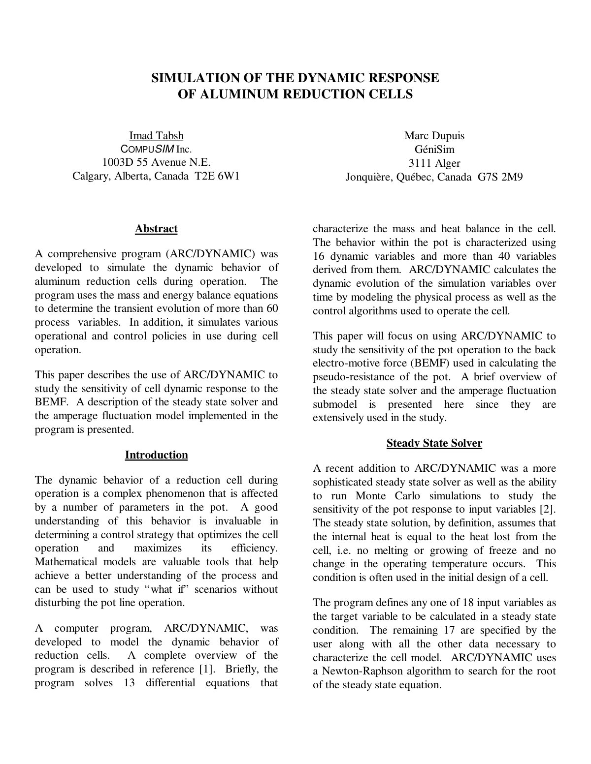 First page of Simulation of the Dynamic Response of Aluminum Reduction Cells