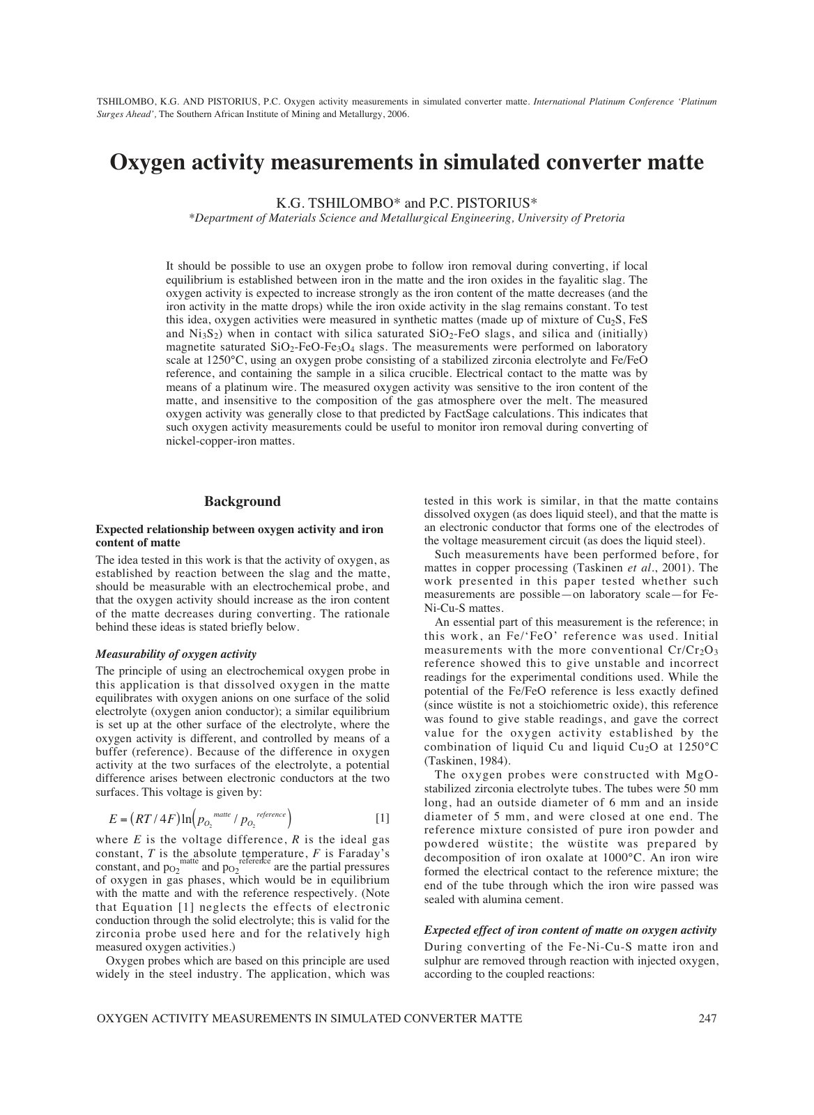 First page of Oxygen Activity Measurements in Simulated Converter Matte