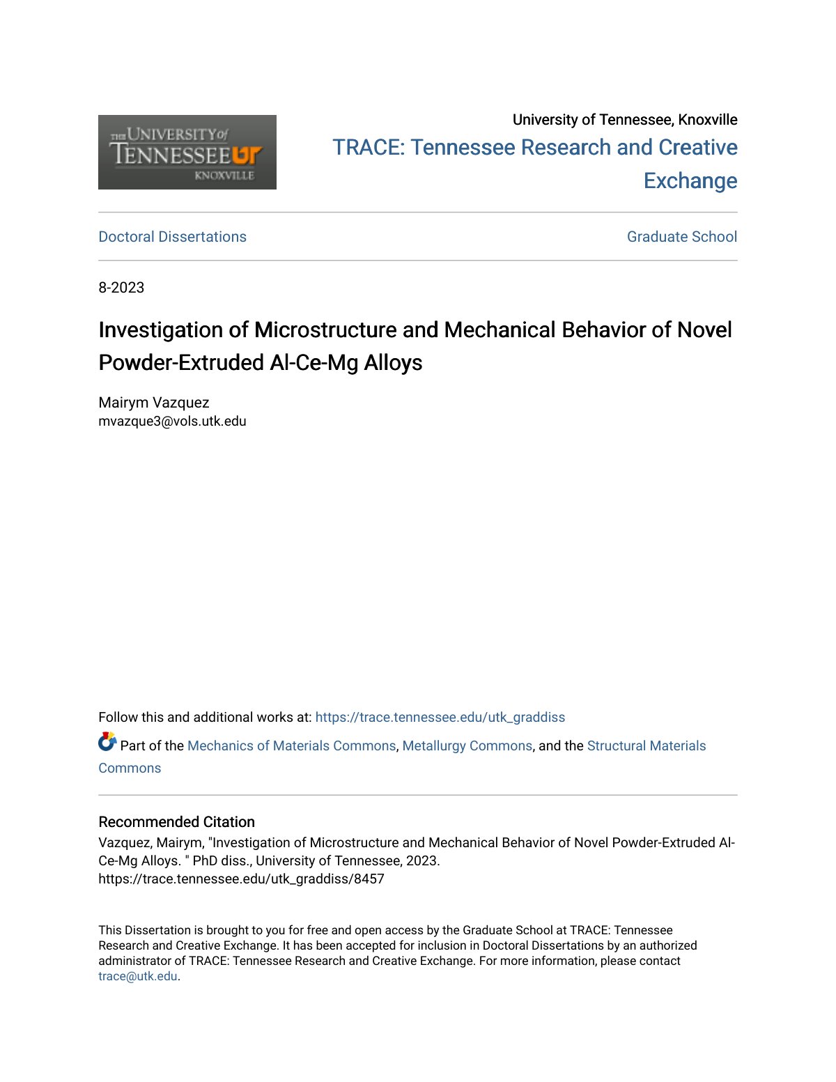 First page of Investigation of Microstructure and Mechanical Behavior of Novel Powder-Extruded Al-Ce-Mg Alloys