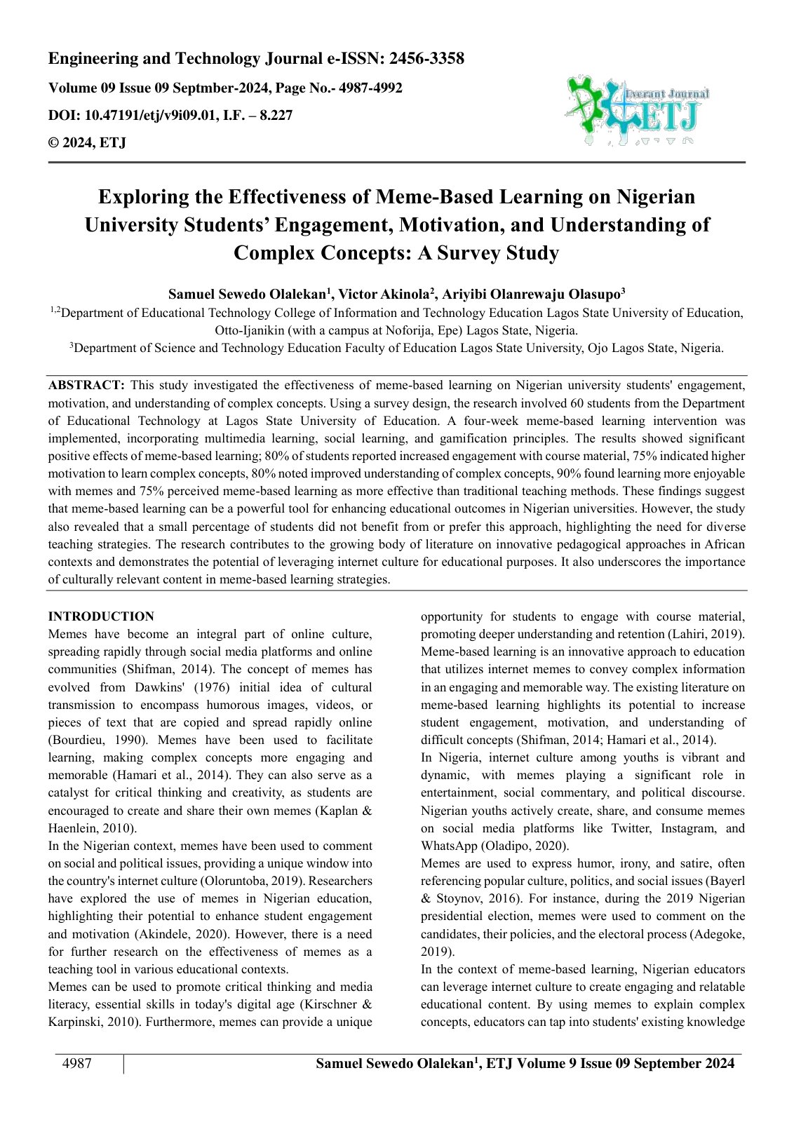 First page of Exploring the Effectiveness of Meme Based Learning on Nigerian 