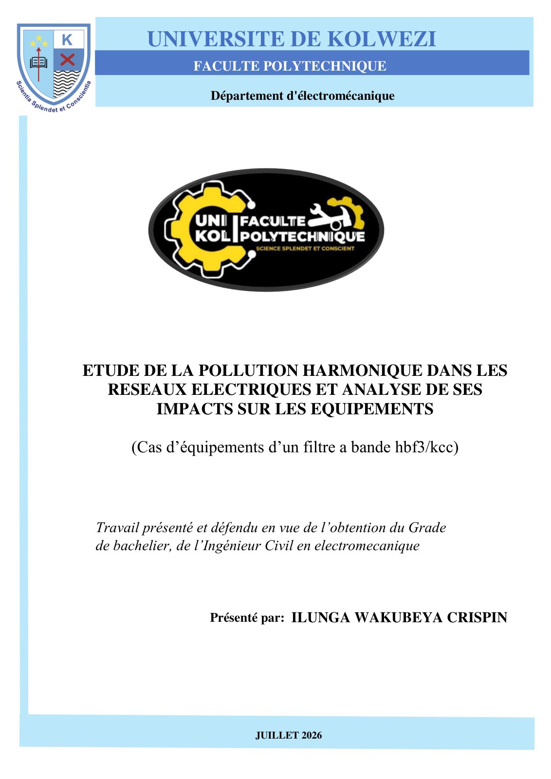 First page of ETUDE DE LA POLLUTION HARMONIQUE DANS LES RESEAUX ELECTRIQUES ET ANALYSE DE SES IMPACTS SUR LES EQUIPEMENTS