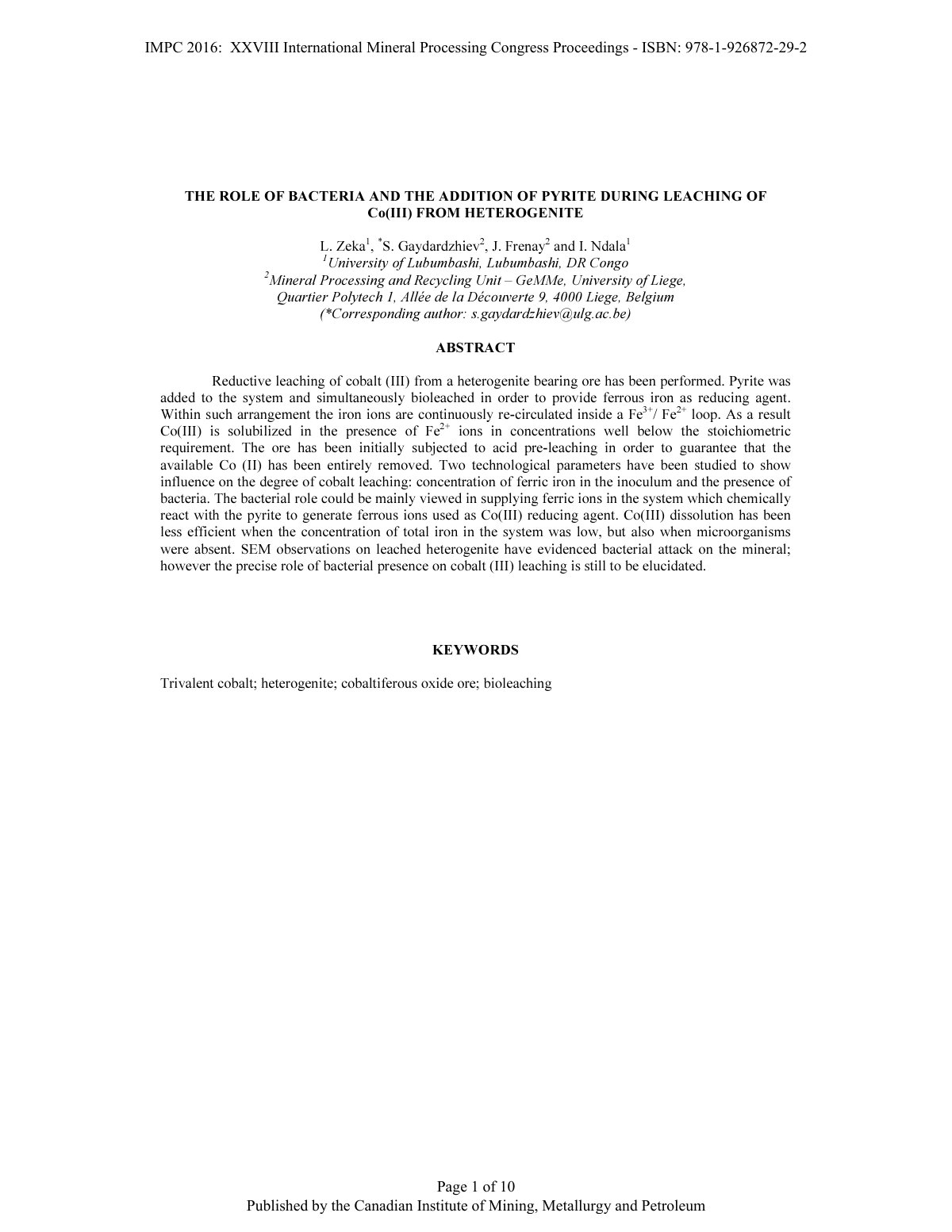 First page of THE ROLE OF BACTERIA AND THE ADDITION OF PYRITE DURING LEACHING OF Co(III) FROM HETEROGENITE