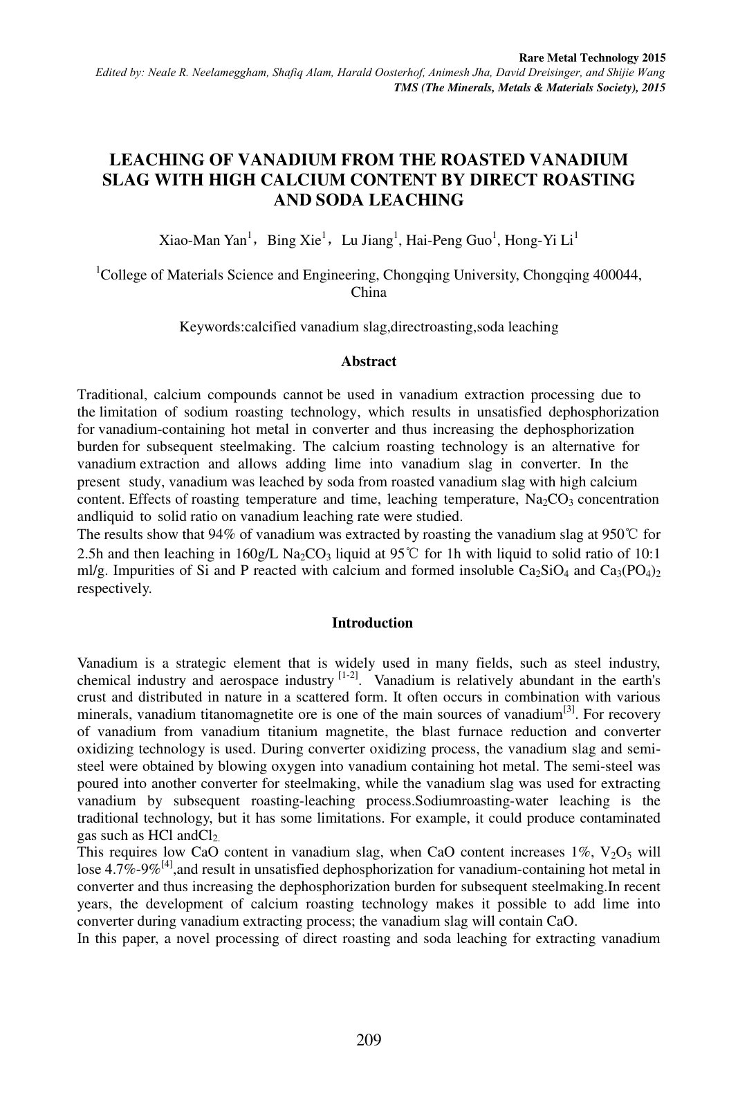 First page of Leaching of Vanadium from the Roasted Vanadium Slag with High Calcium Content by Direct Roasting and Soda Leaching