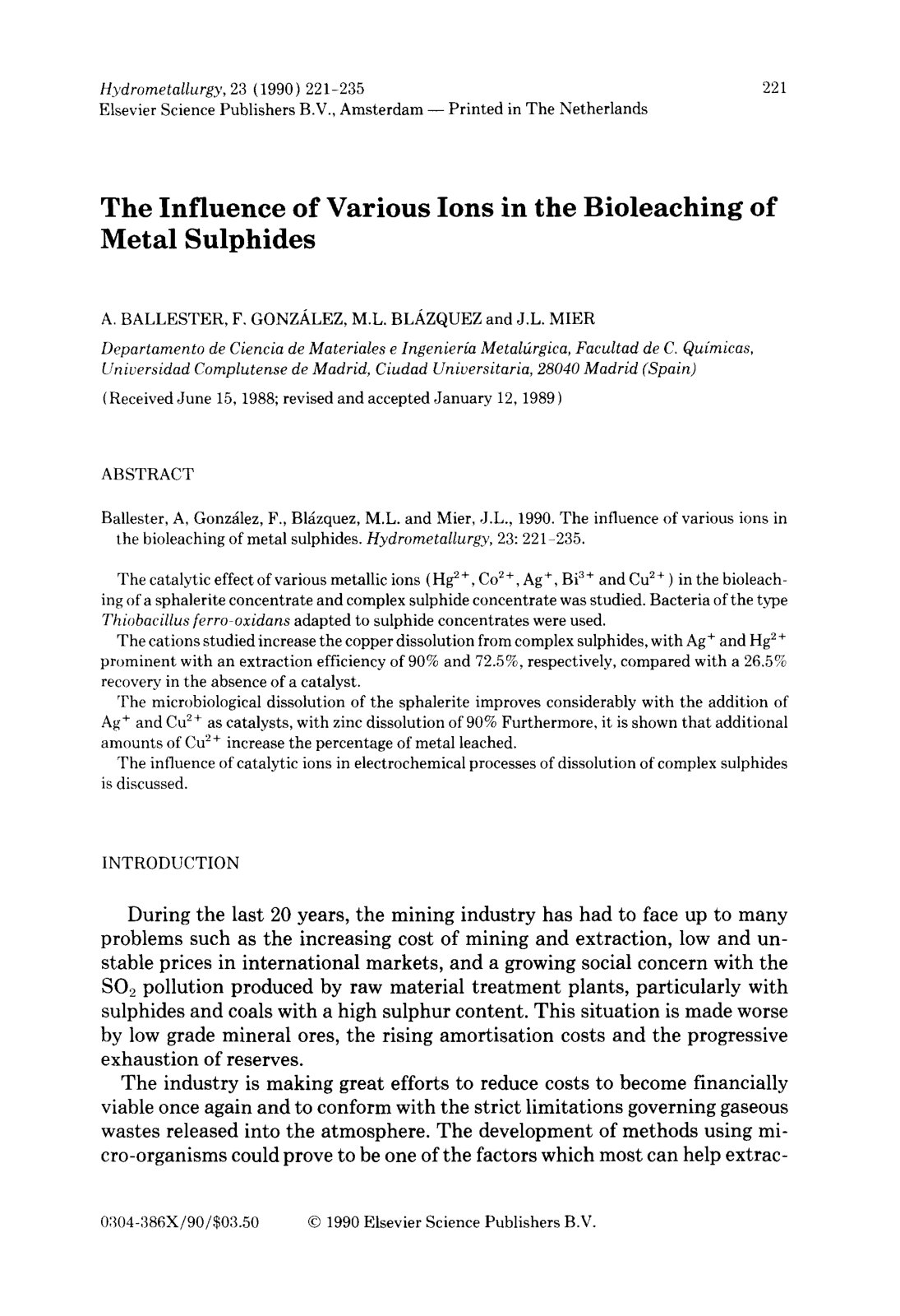 First page of The Influence of Various Ions in the Bioleaching of Metal Sulphides