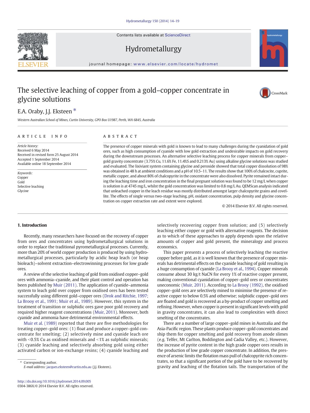 First page of The selective leaching of copper from a gold–copper concentrate in glycine solutions