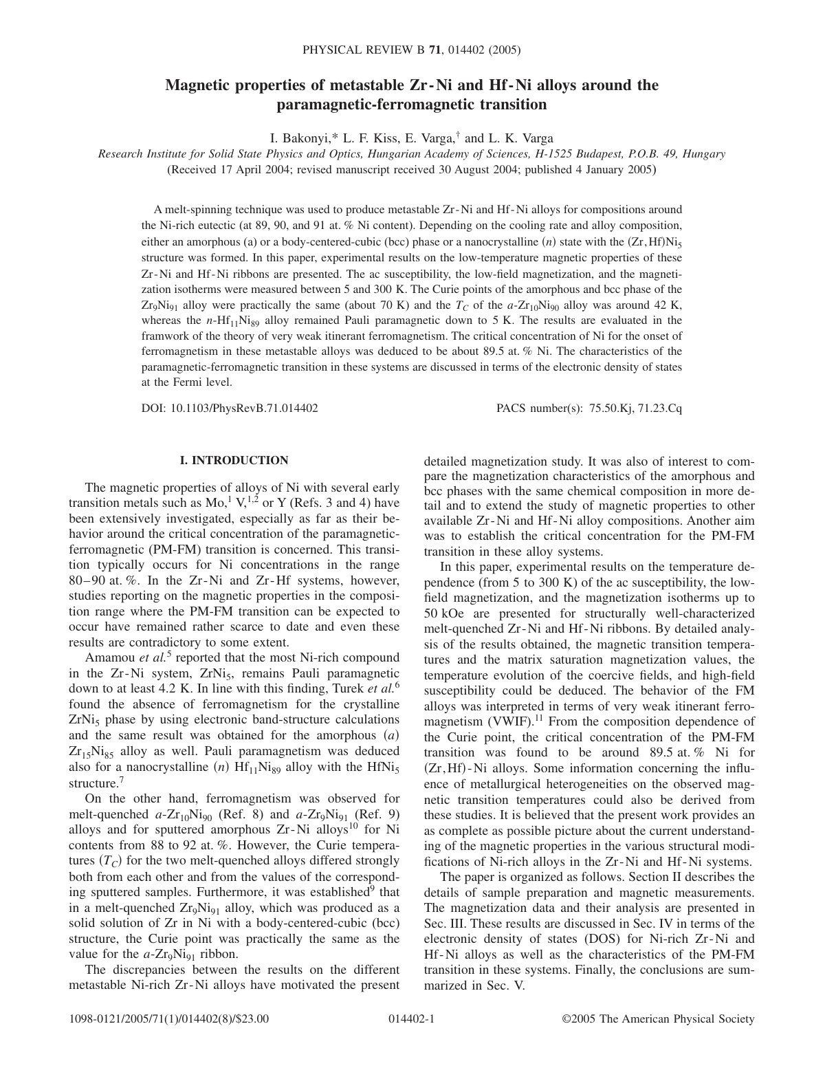 First page of Magnetic properties of metastable Zr - Ni and Hf - Ni alloys around the paramagnetic-ferromagnetic transition