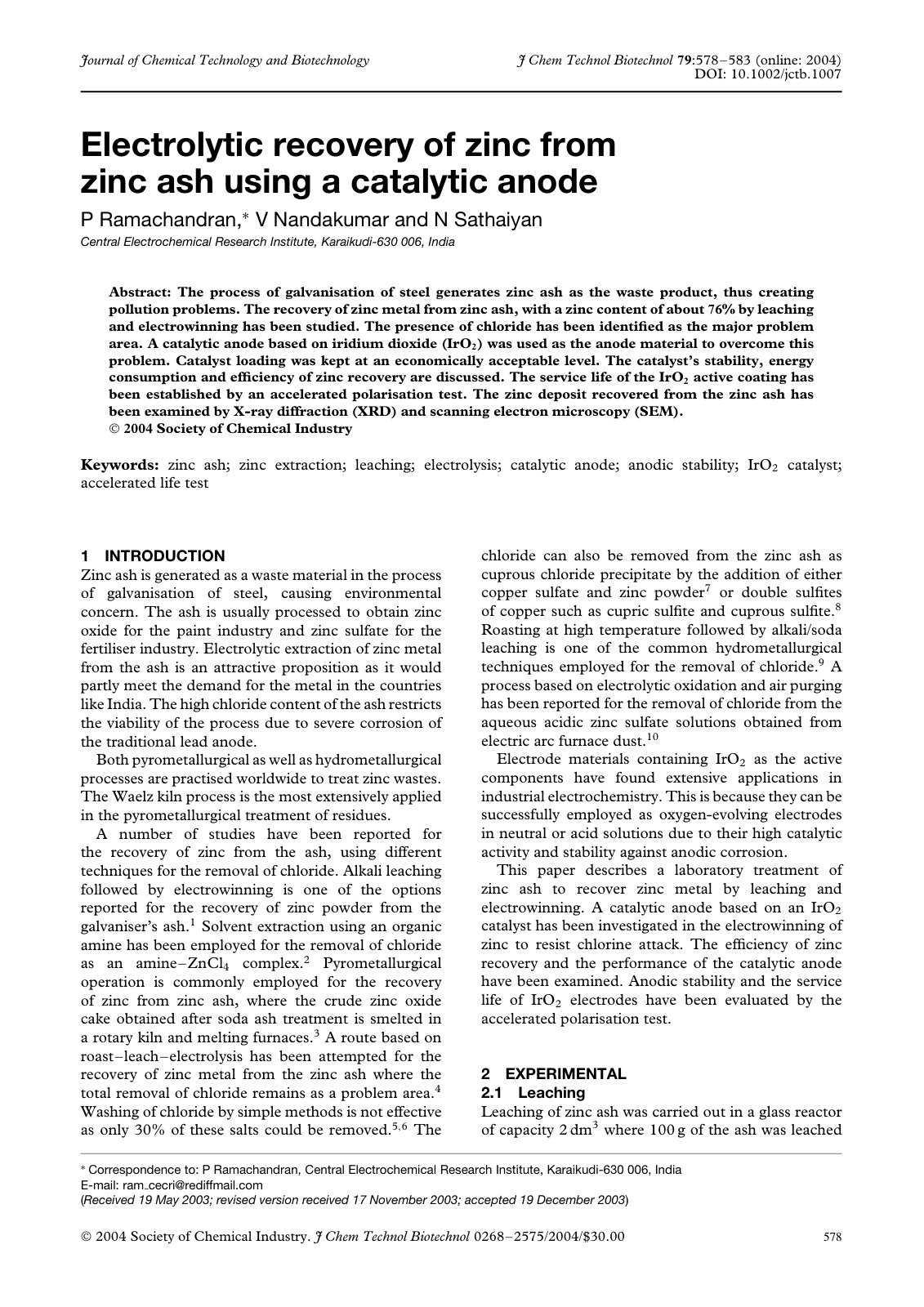 First page of Electrolytic recovery of zinc from zinc