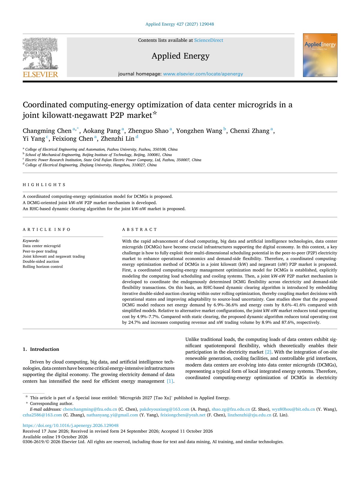 First page of Coordinated computing energy optimization of data center micro 2027 Applied 