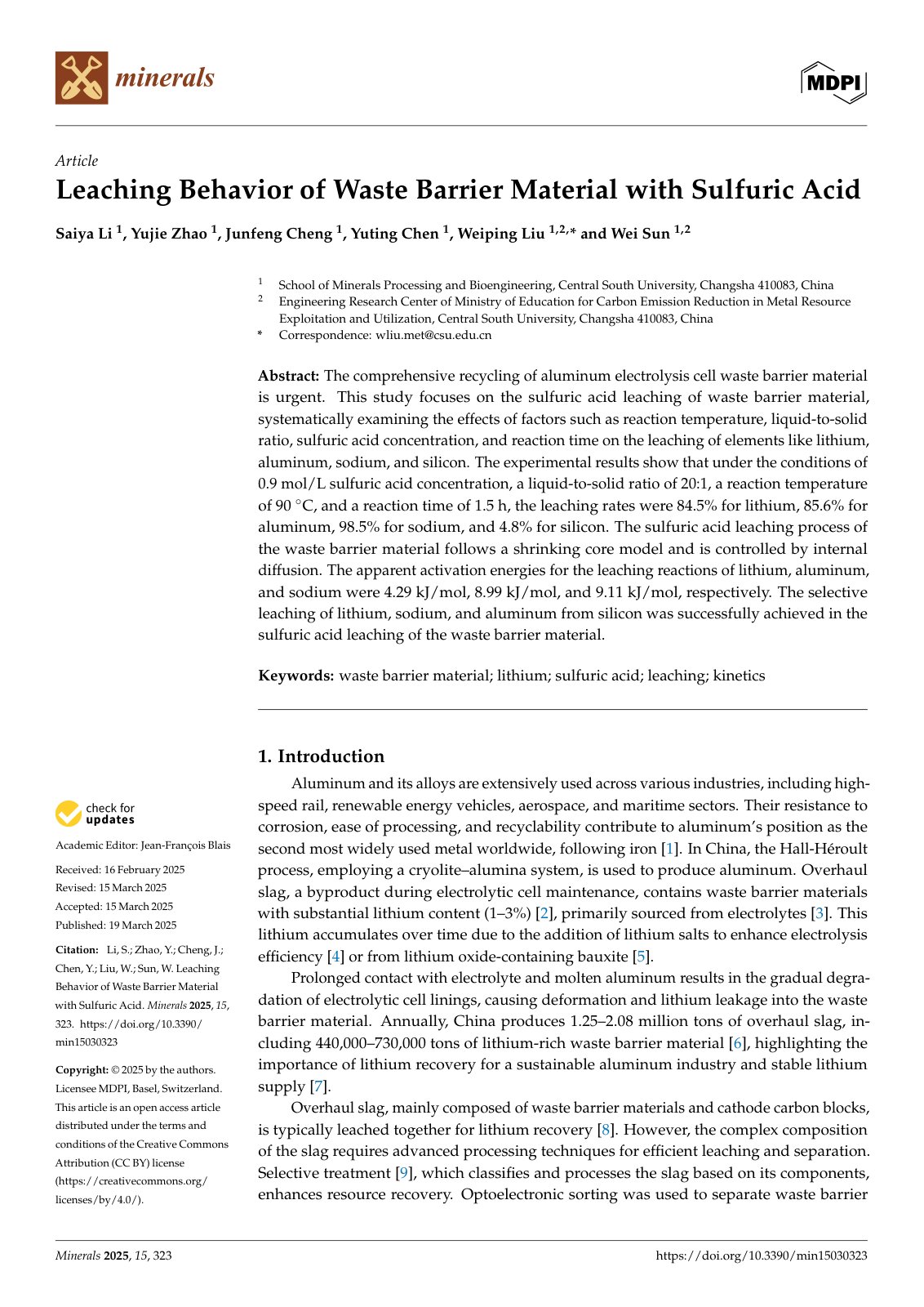 First page of 2025   Li   Sulfuric acid leaching of waste barrier material (1)