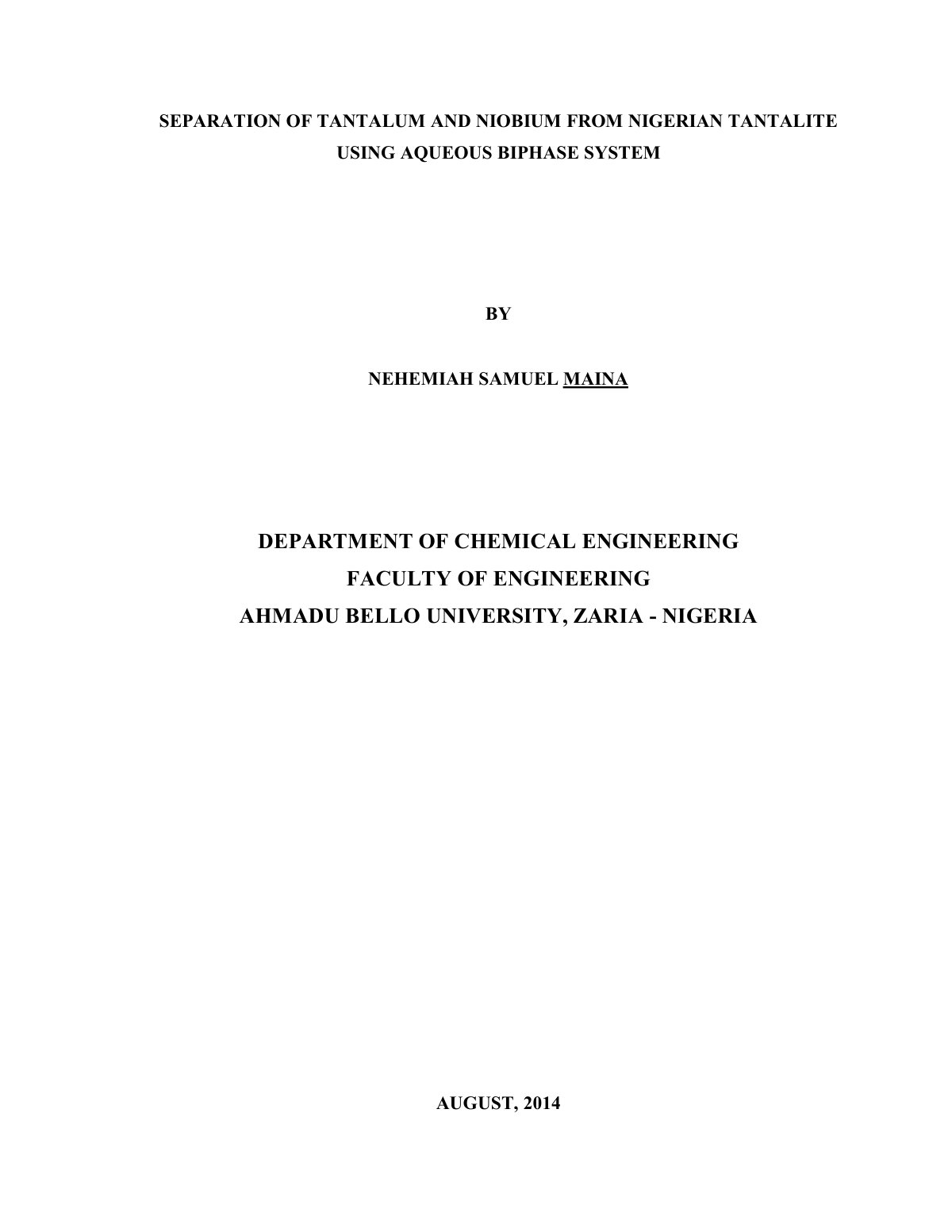 First page of SEPARATION OF TANTALUM AND NIOBIUM FROM NIGERIAN TANTALITE USING AQUEOUS BIPHASE SYSTEM