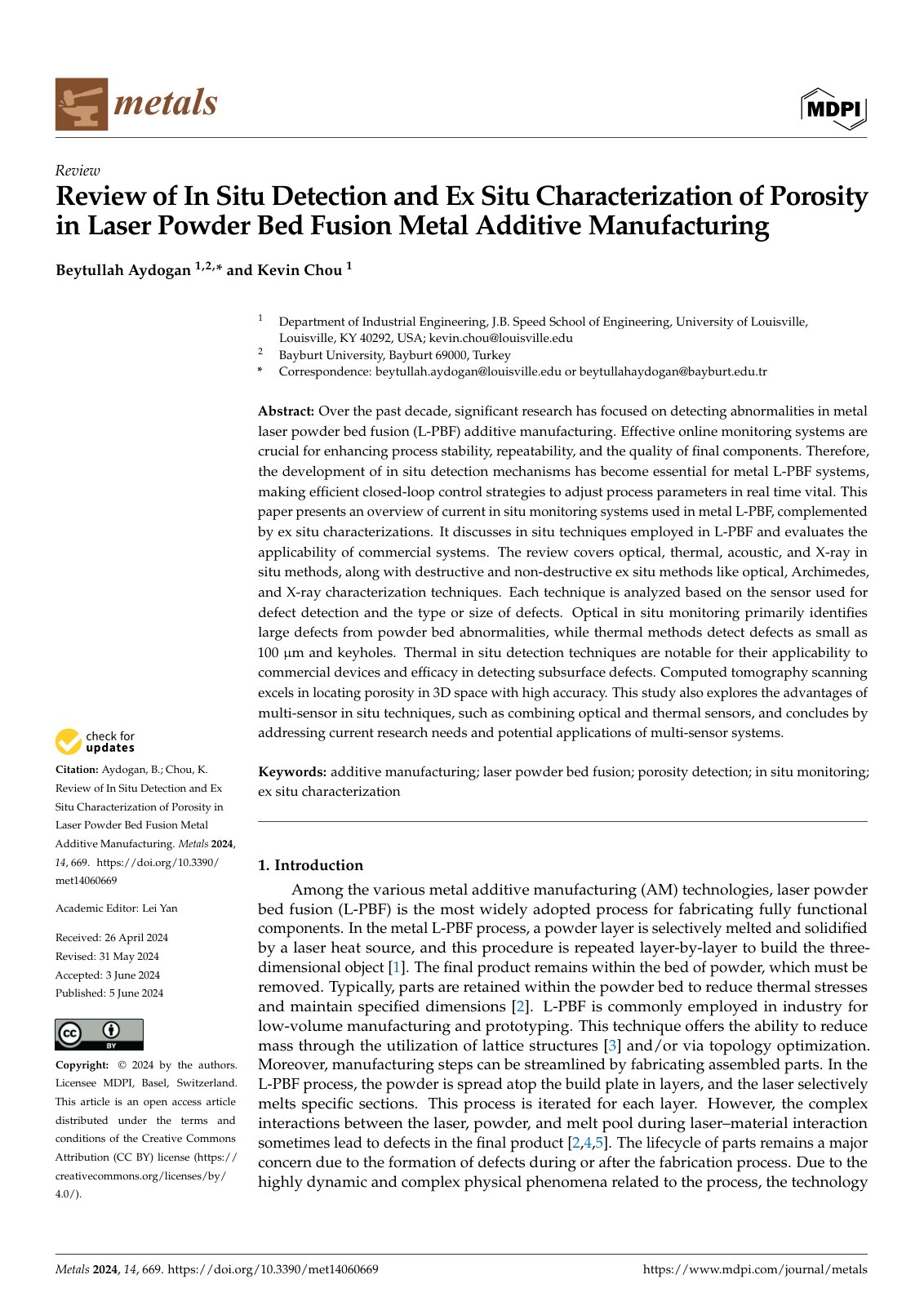 First page of Review of In Situ Detection and Ex Situ Characterization of Porosity in Laser Powder Bed Fusion Metal Additive Manufacturing
