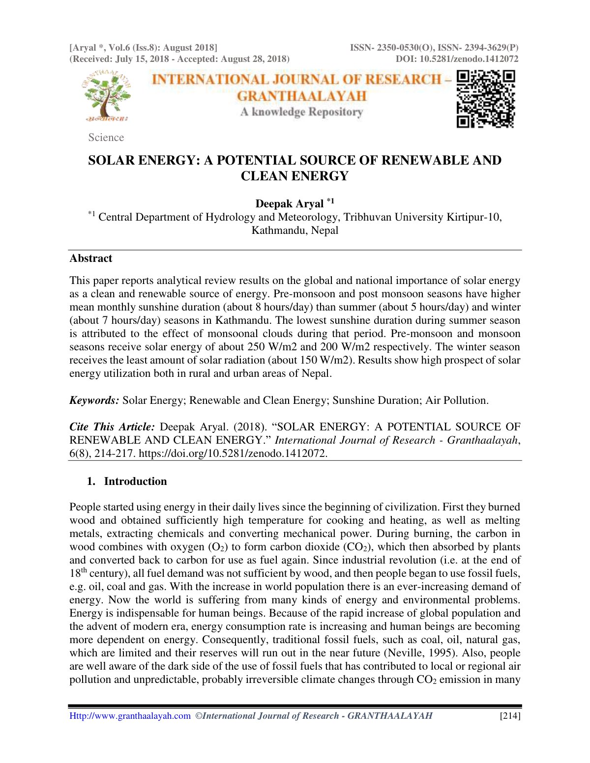 First page of SOLAR ENERGY: A POTENTIAL SOURCE OF RENEWABLE AND CLEAN ENERGY