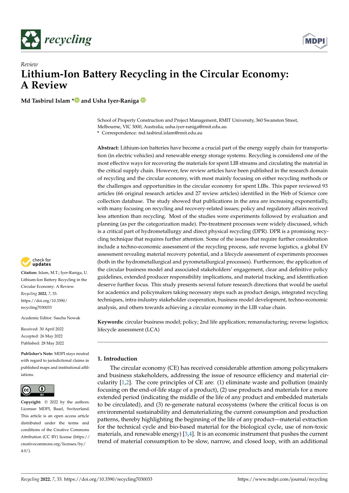 First page of Lithium-Ion Battery Recycling in the Circular Economy: A Review