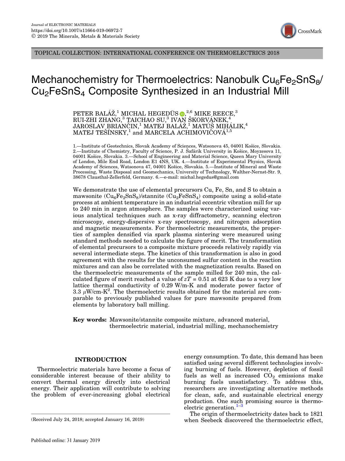 First page of Mechanochemistry for Thermoelectrics: Nanobulk Cu6Fe2SnS8/Cu2FeSnS4 Composite Synthesized in an Industrial Mill