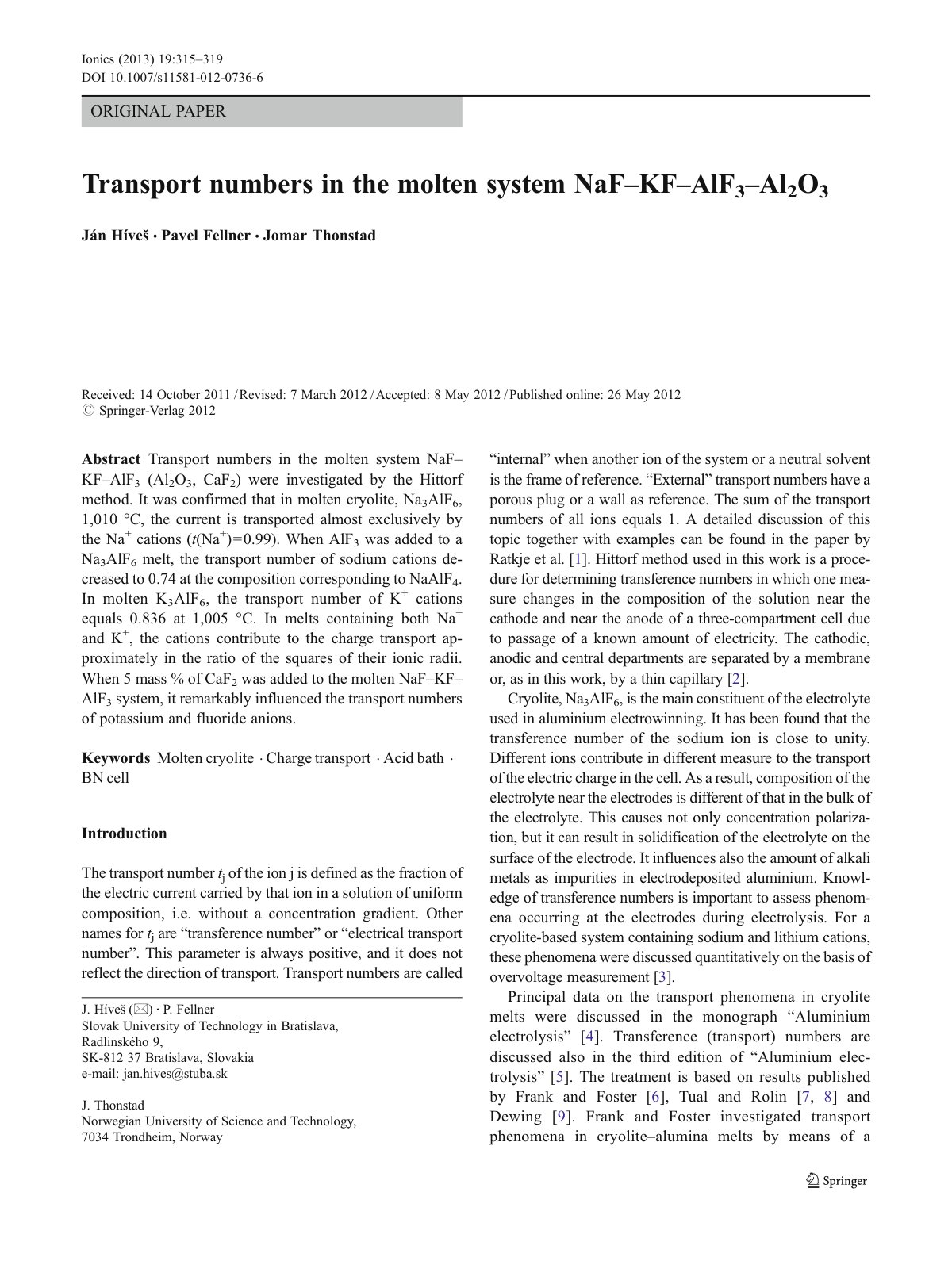 First page of Transport numbers in the molten system N