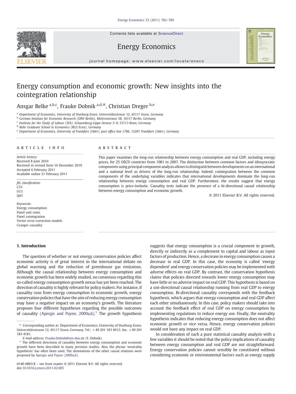 First page of Energy consumption and economic growth: New insights into the cointegration relationship