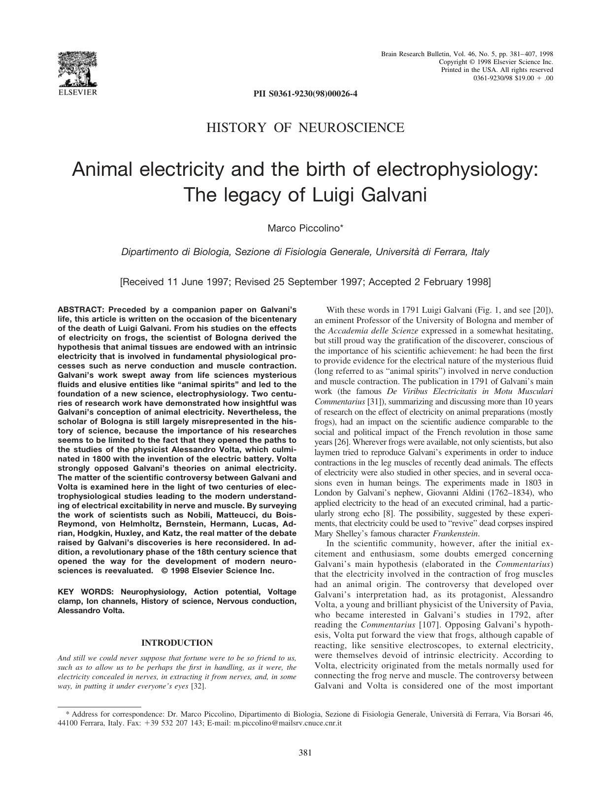 First page of Animal electricity and the birth of electrophysiology: The legacy of Luigi Galvani