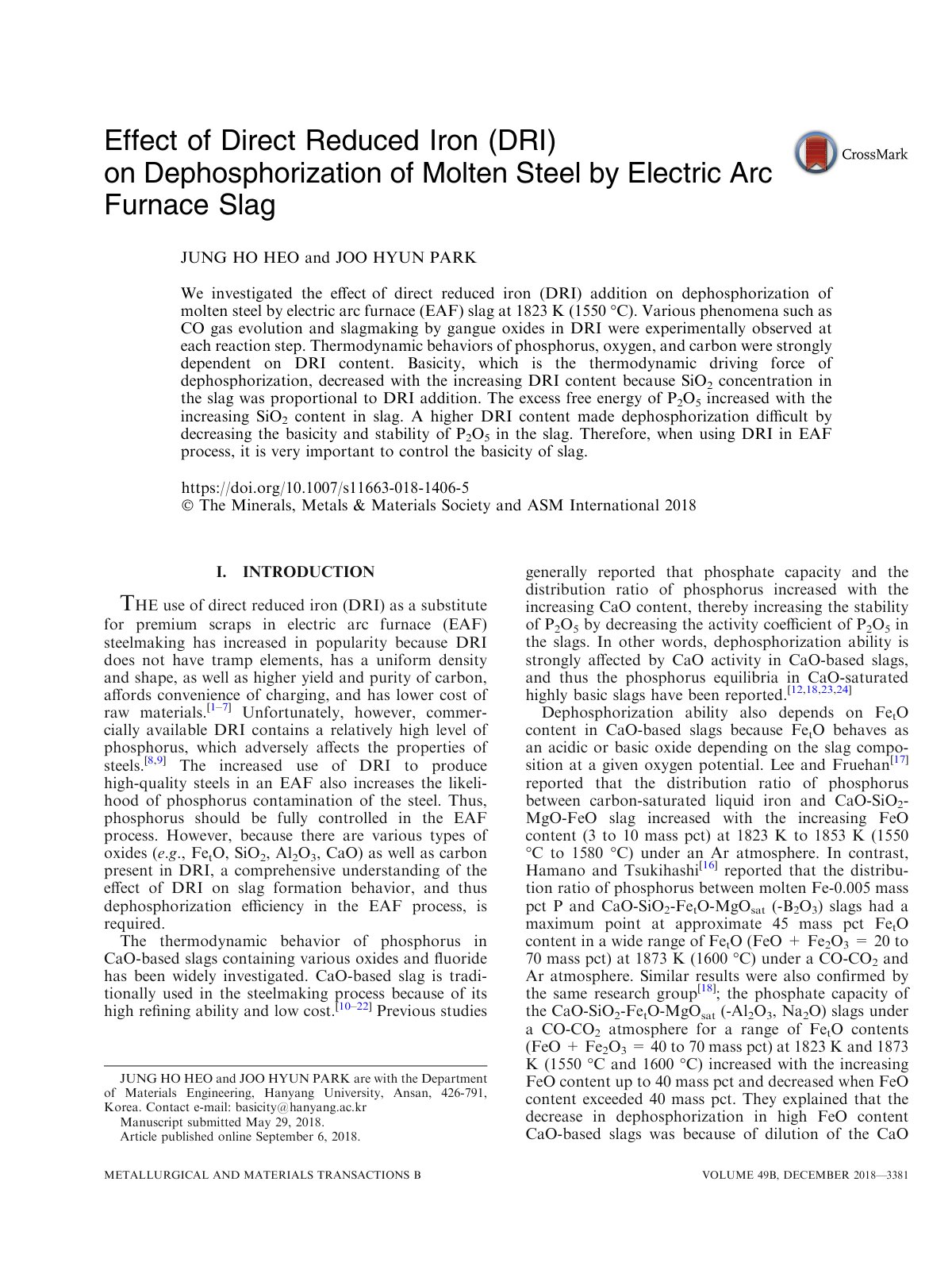 First page of Effect of Direct Reduced Iron (DRI) on Dephosphorization of Molten Steel by Electric Arc Furnace Slag