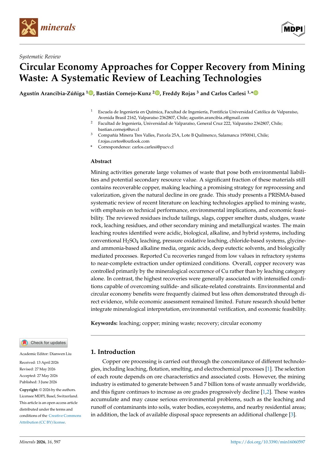 First page of 2026   Arancibia Zuniga   Copper recovery from mining waste leaching review