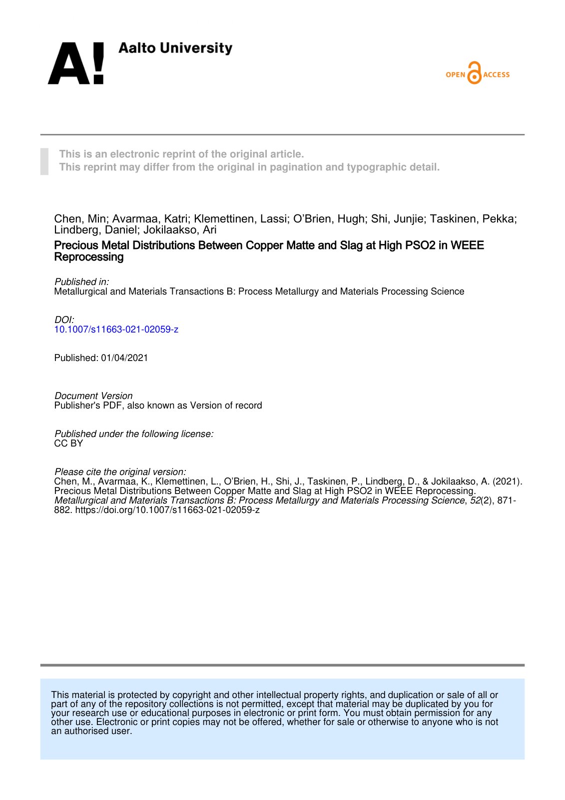 First page of Precious Metal Distributions Between Copper Matte and Slag at High in WEEE Reprocessing