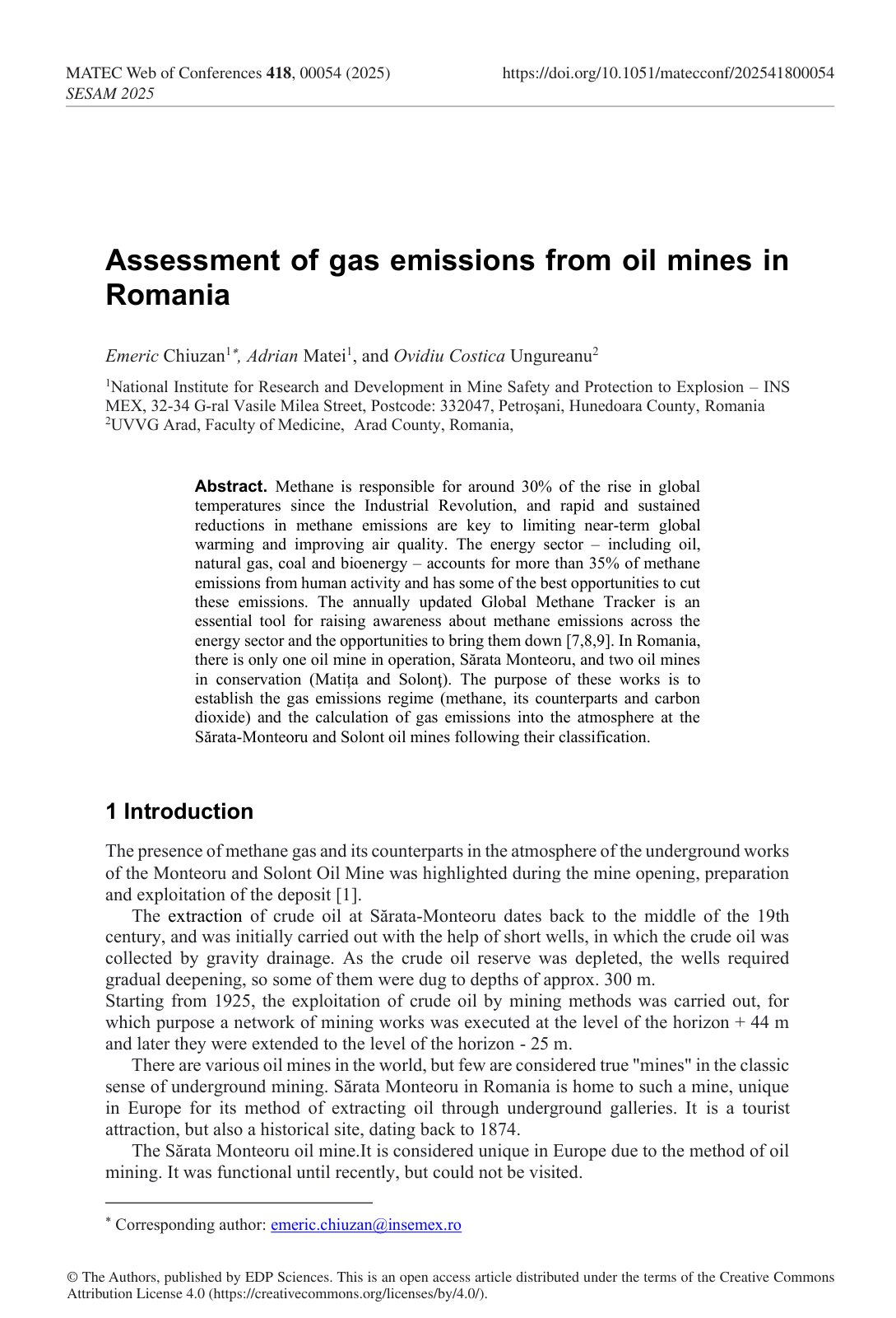 First page of Assessment of gas emissions from oil mines in Roma