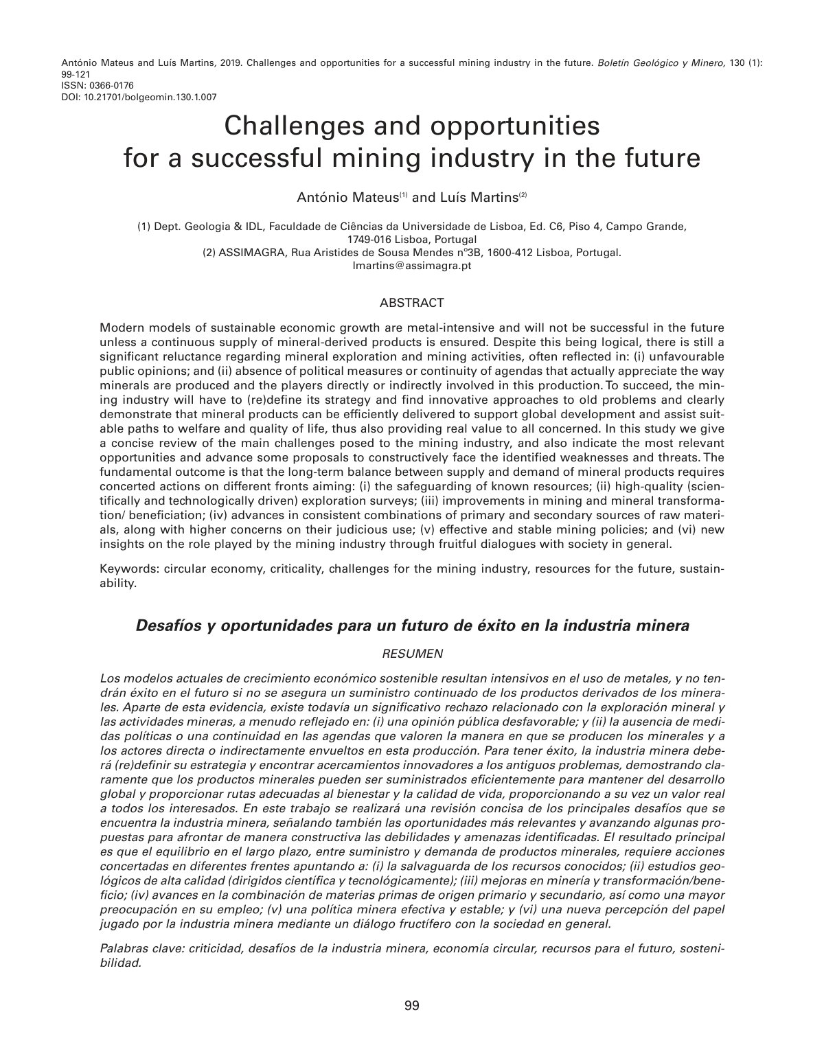 First page of Challenges and opportunities for a successful mining industry in the future