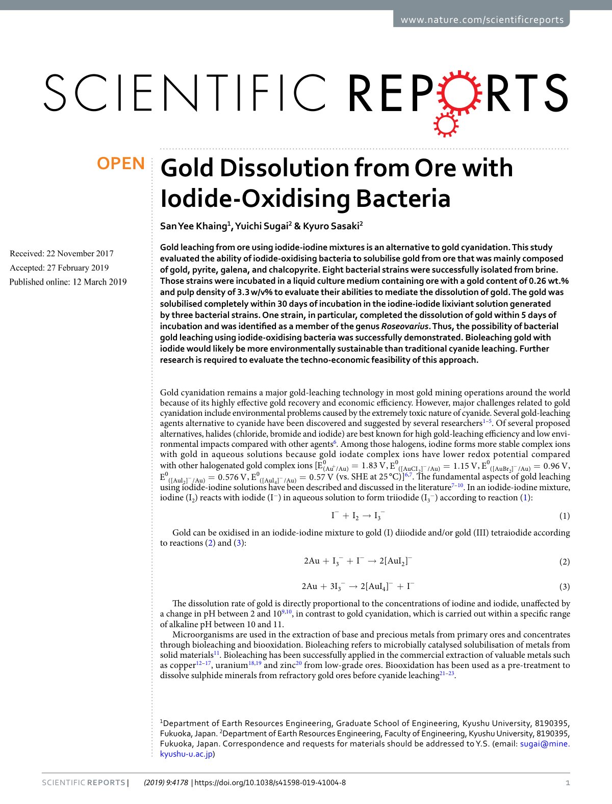 First page of Gold Dissolution from Ore with Iodide Ox