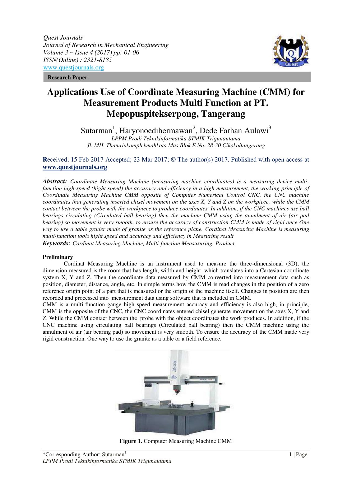 First page of Applications Use of Coordinate Measuring