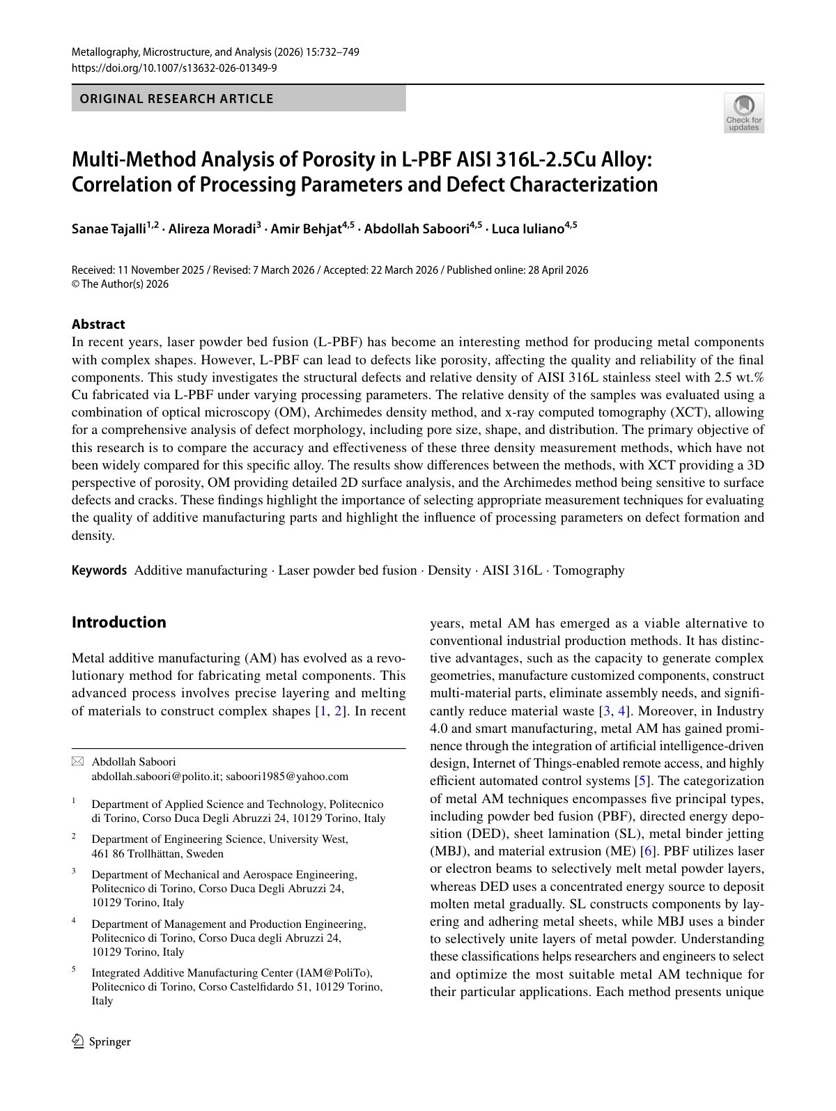 First page of 2026 Tajalli LPBF 316L Cu Porosity Analysis