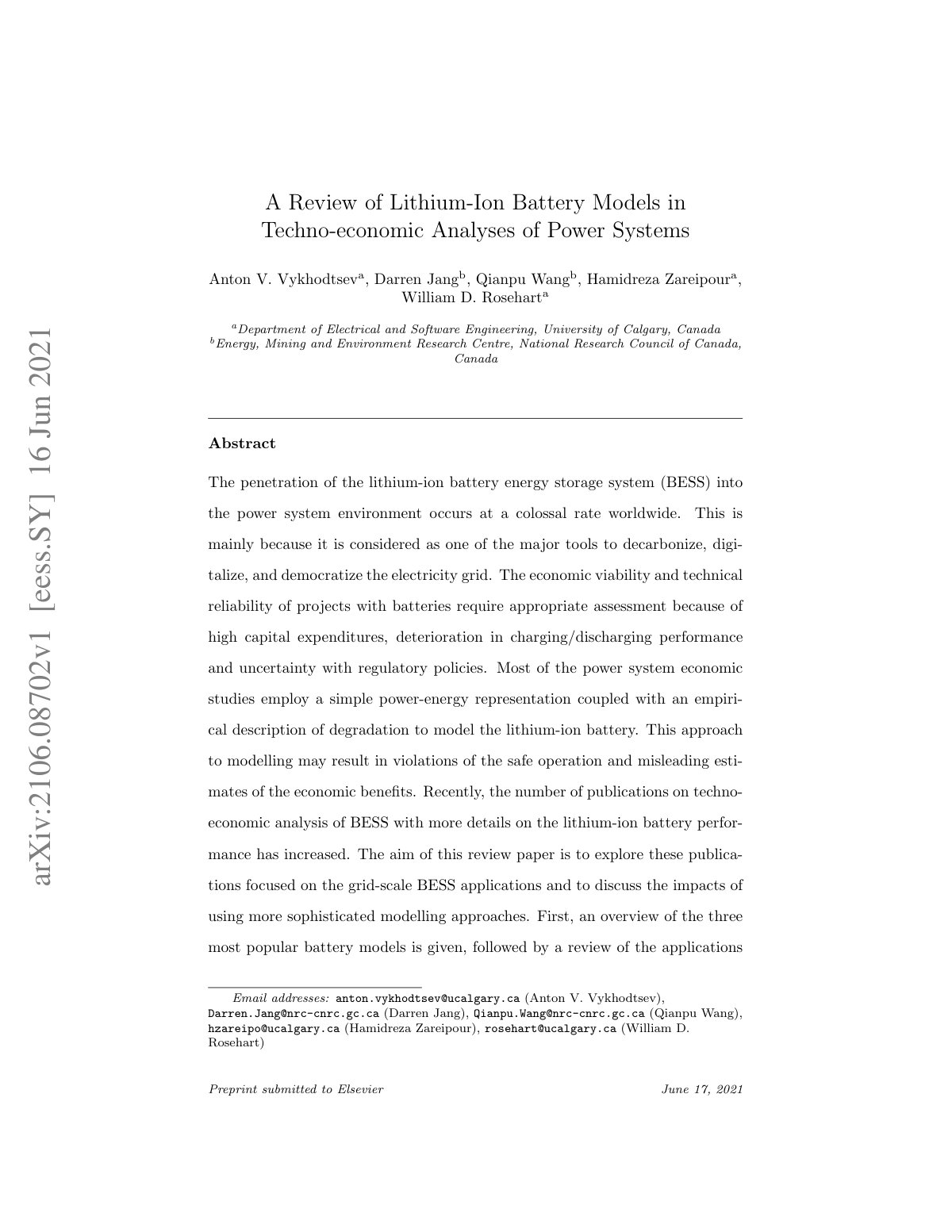 First page of A Review of Lithium-Ion Battery Models in Techno-economic Analyses of Power Systems