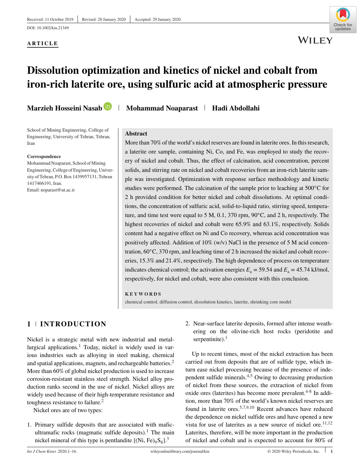 First page of Dissolution optimization and kinetics of nickel and cobalt from iron-rich laterite ore, using sulfuric acid at atmospheric pressure
