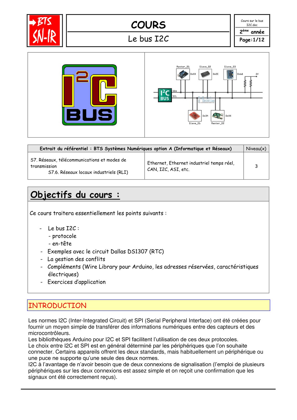 First page of Cours sur le bus I2C