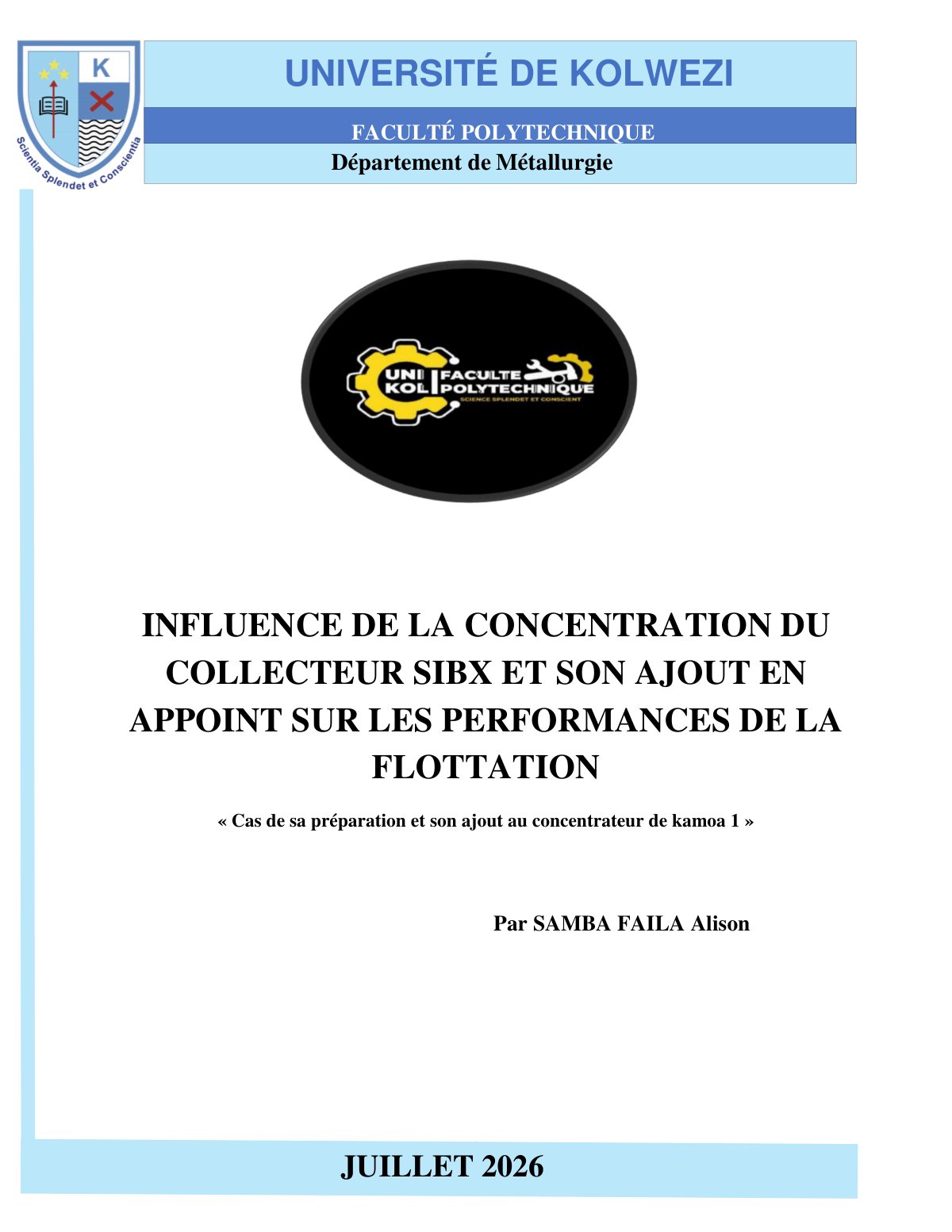 First page of INFLUENCE DE LA CONCENTRATION DU COLLECTEUR SIBX ET SON AJOUT EN APPOINT SUR LES PERFORMANCES DE LA FLOTTATION « Cas de sa préparation et son ajout au concentrateur de kamoa 1 »