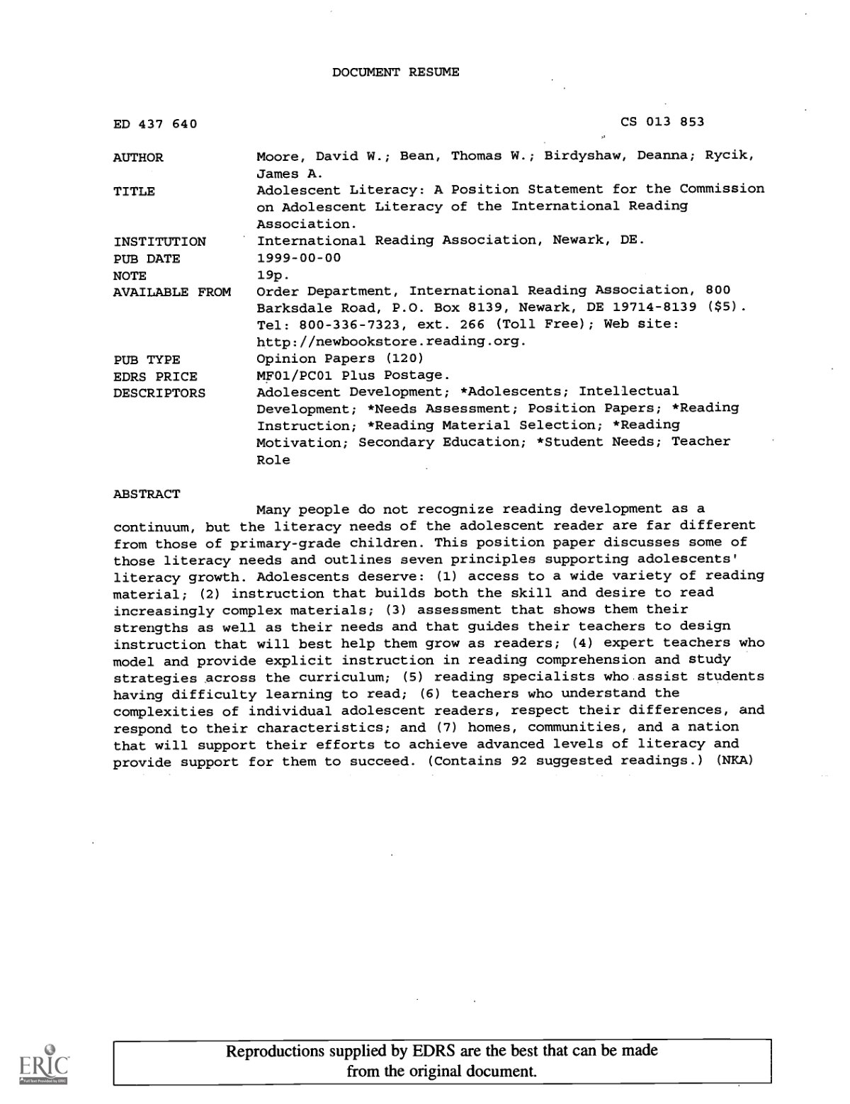 First page of Adolescent Literacy A Position Statement