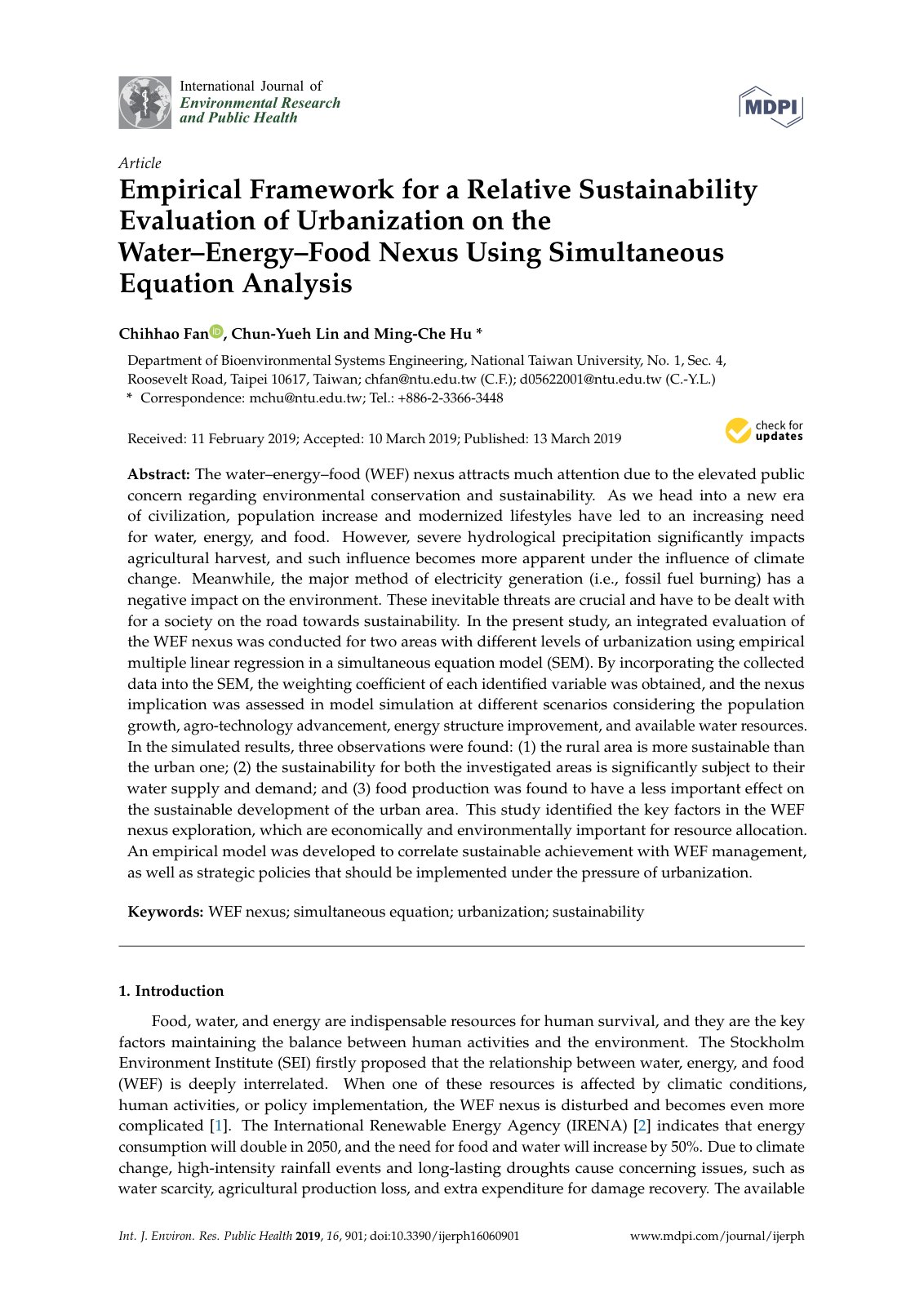 First page of Empirical Framework for a Relative Sustainability Evaluation of Urbanization on the Water–Energy–Food Nexus Using Simultaneous Equation Analysis