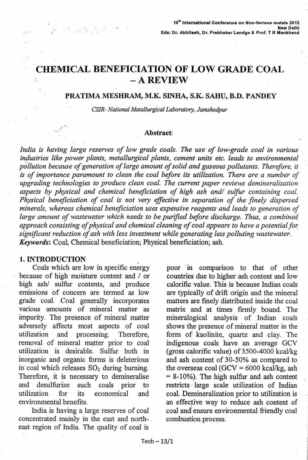 First page of Chemical Beneficiation of Low Grade Coal