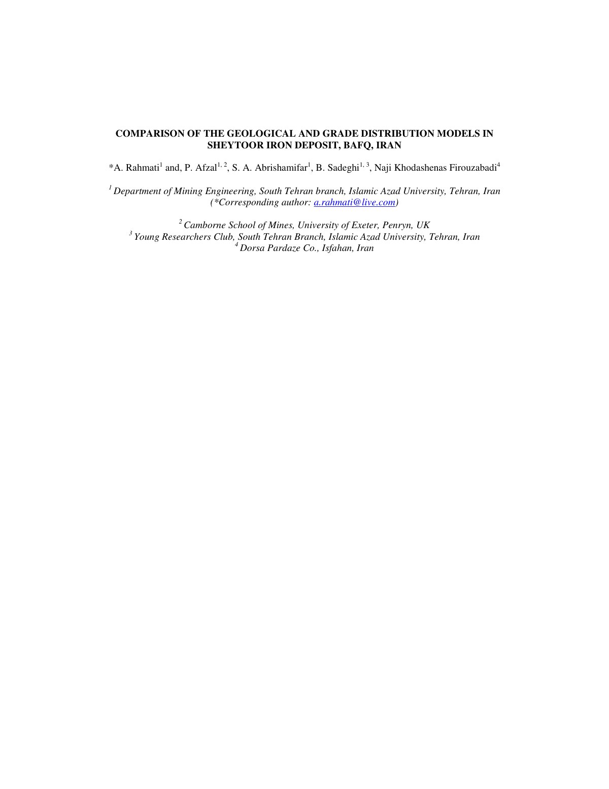 First page of COMPARISON OF THE GEOLOGICAL AND GRADE DISTRIBUTION MODELS IN SHEYTOOR IRON DEPOSIT, BAFQ, IRAN