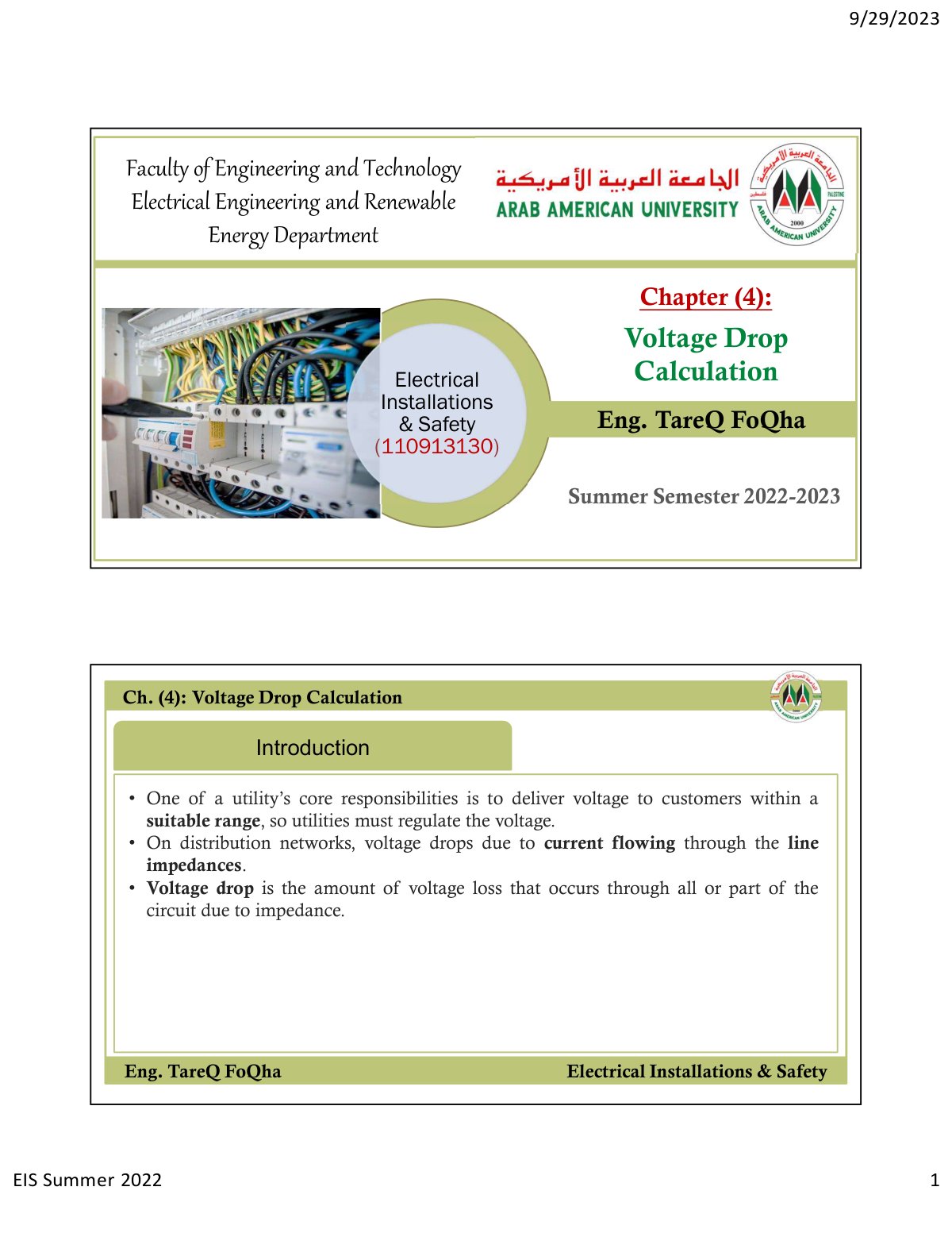 First page of Electrical Installations and Safety Cour