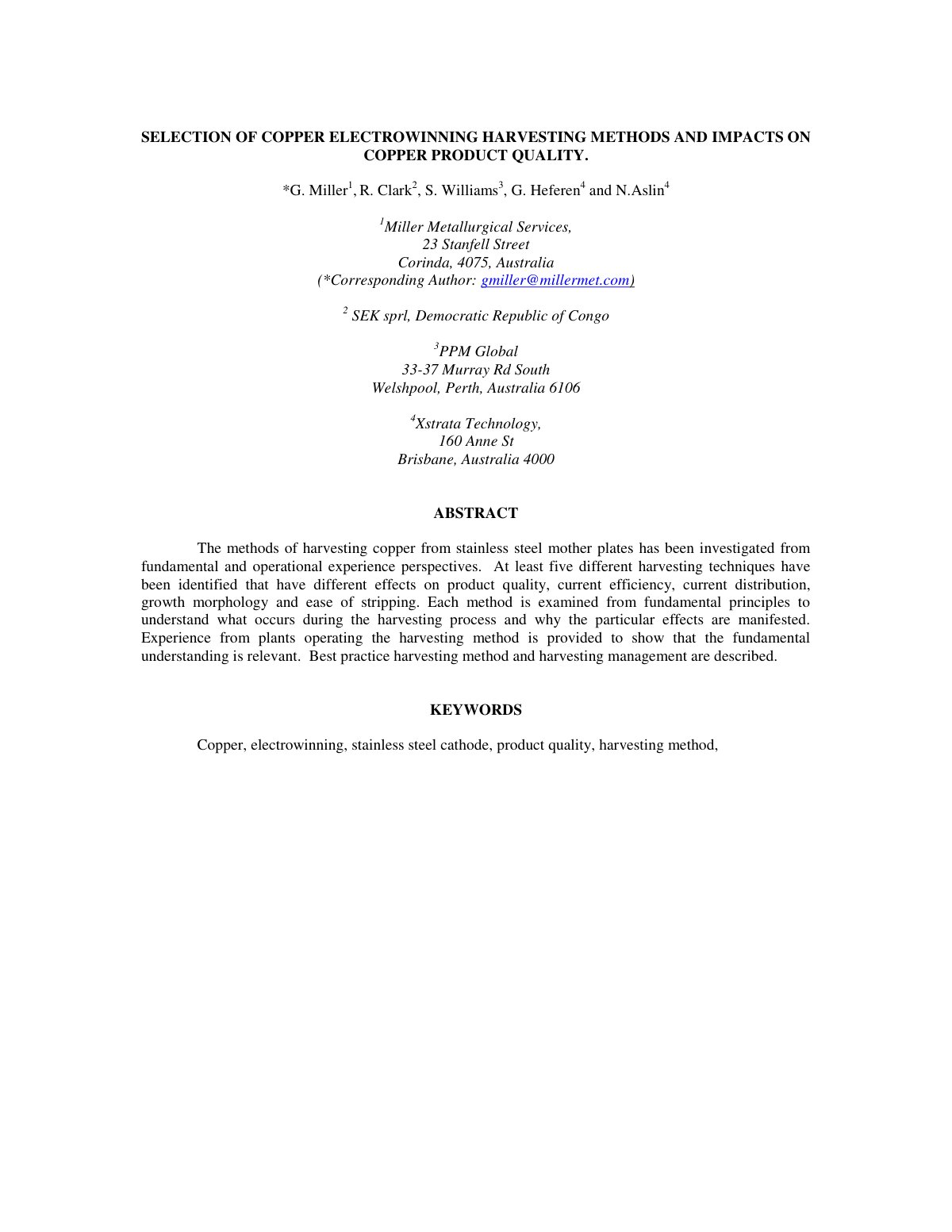First page of SELECTION OF COPPER ELECTROWINNING HARVESTING METHODS AND IMPACTS ON COPPER PRODUCT QUALITY