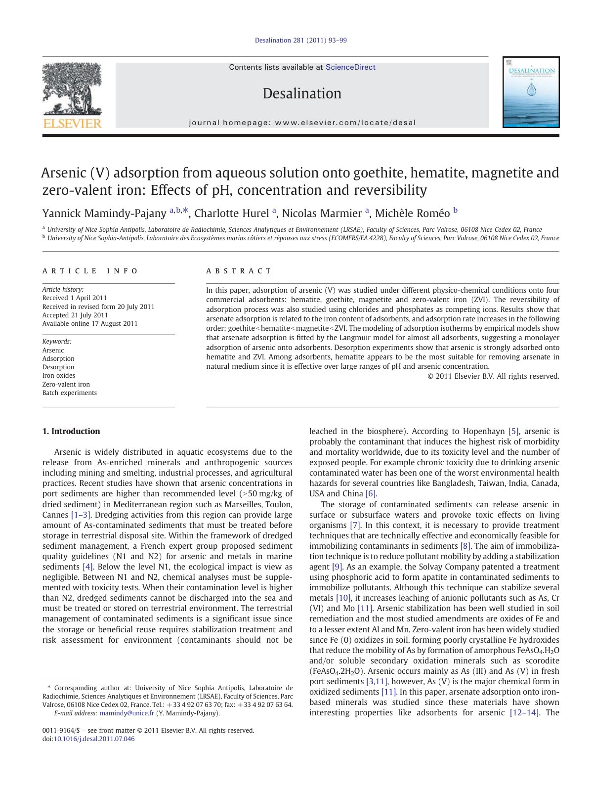 First page of Arsenic V adsorption from aqueous soluti