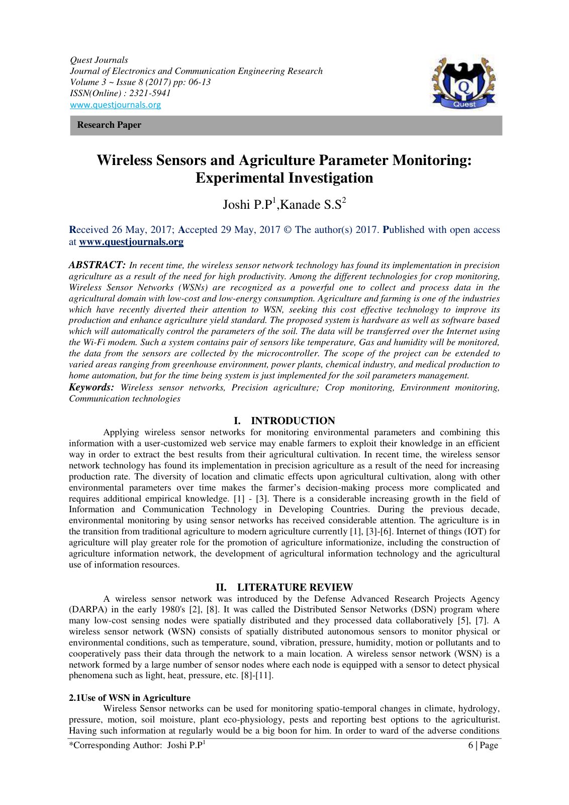 First page of Wireless Sensors and Agriculture Paramet